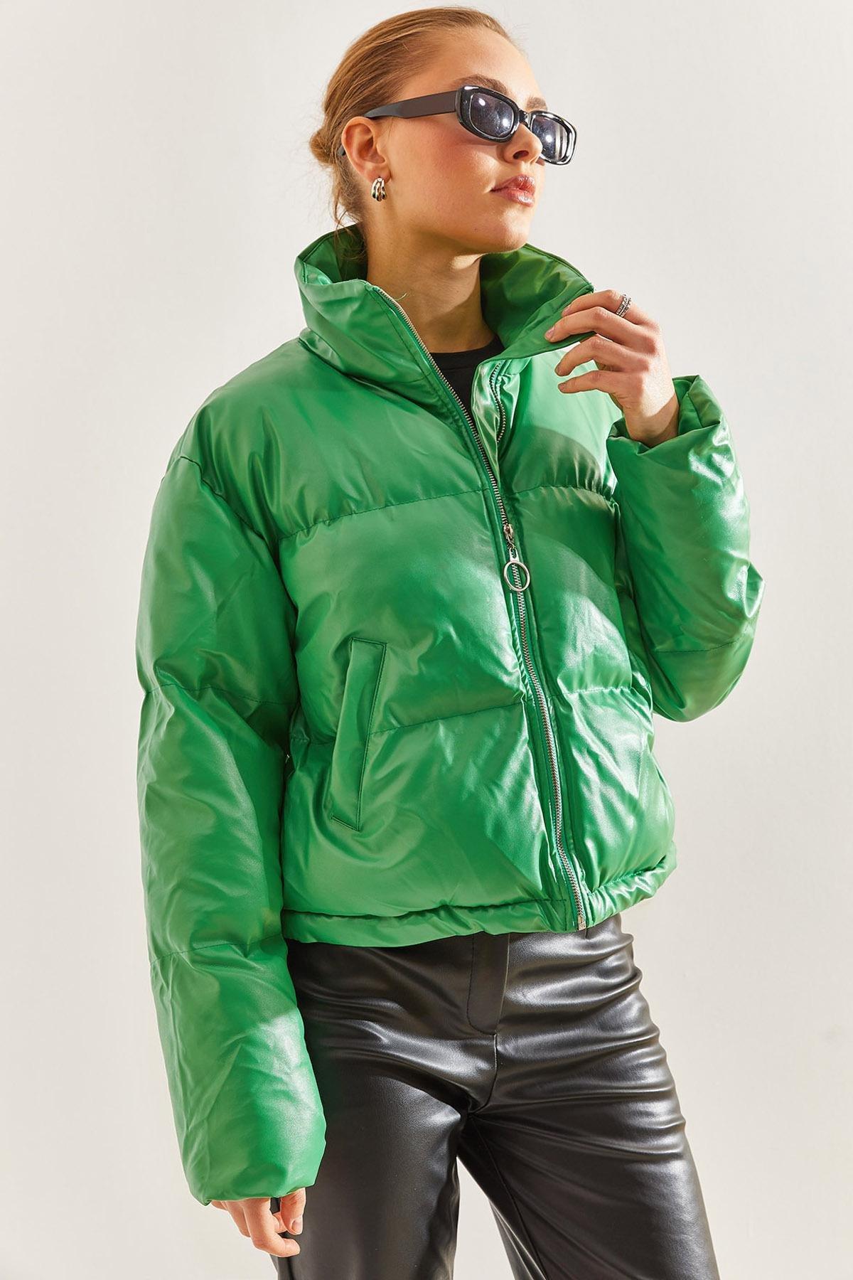 Green Leather Puffer Coat, Green, large image number 3