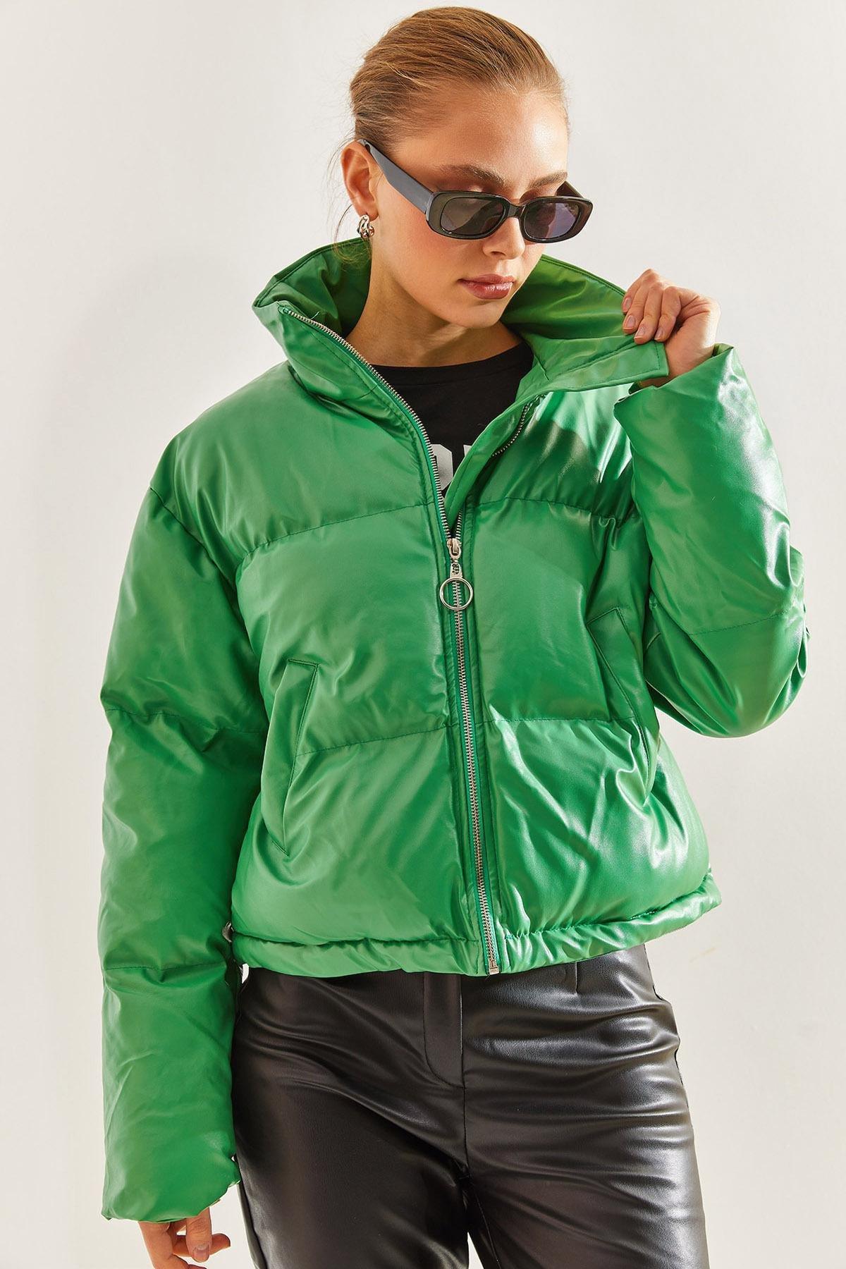 Green Leather Puffer Coat, Green, large image number 4