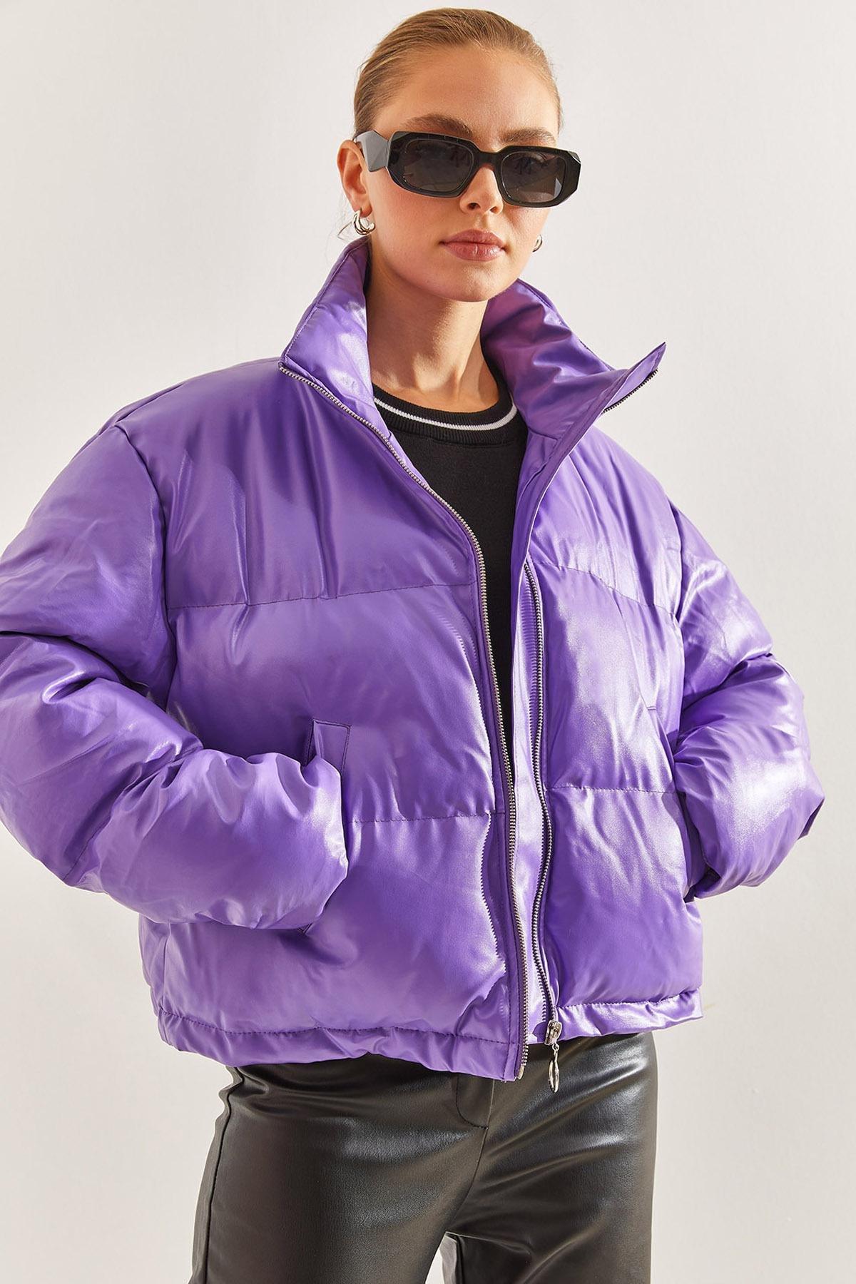 Purple Leather Puffer Coat, , large image number 0