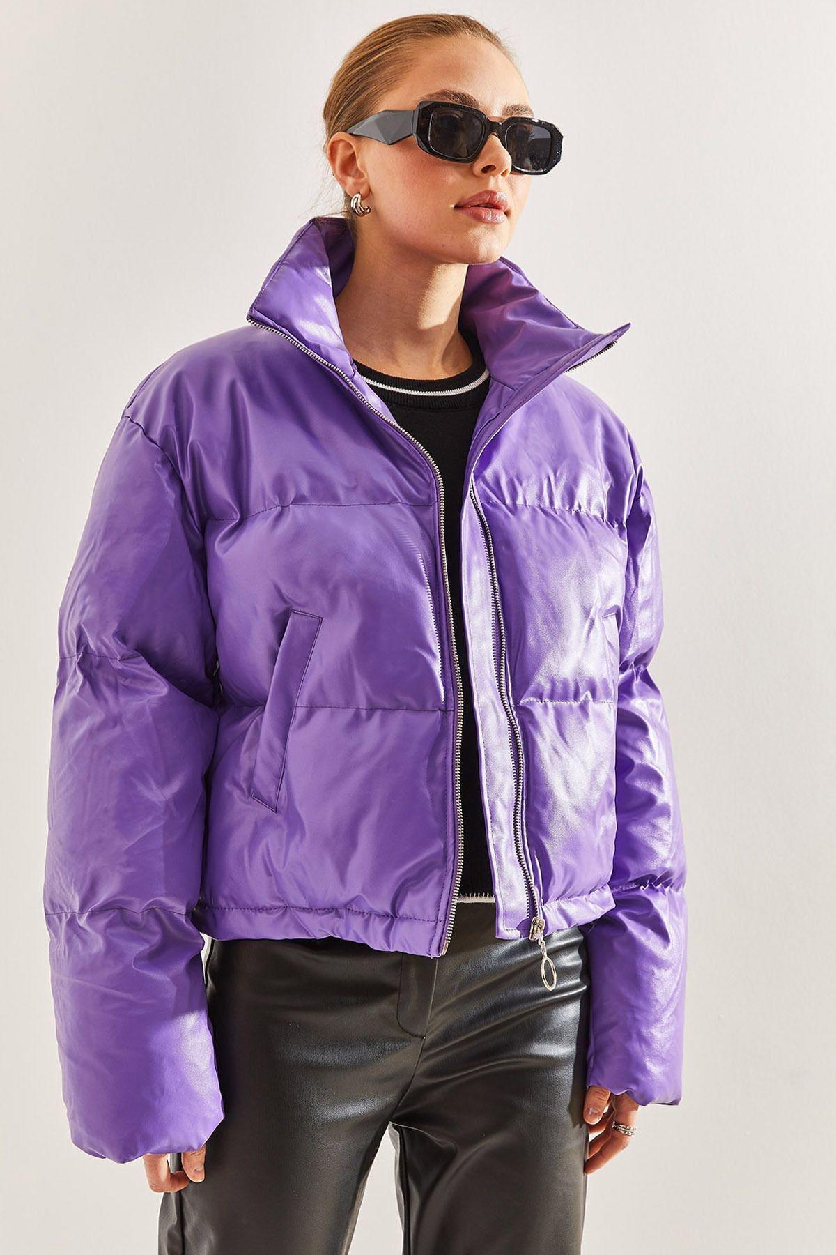 Purple Leather Puffer Coat, , large image number 1