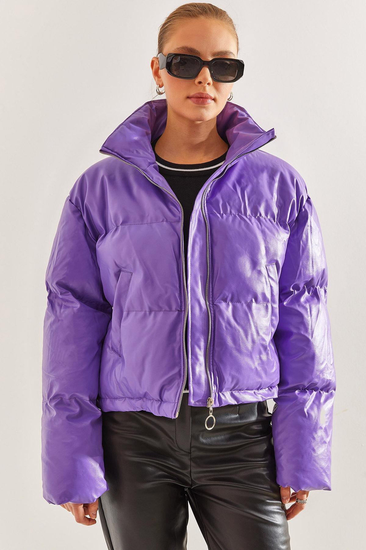 Purple Leather Puffer Coat, , large image number 2