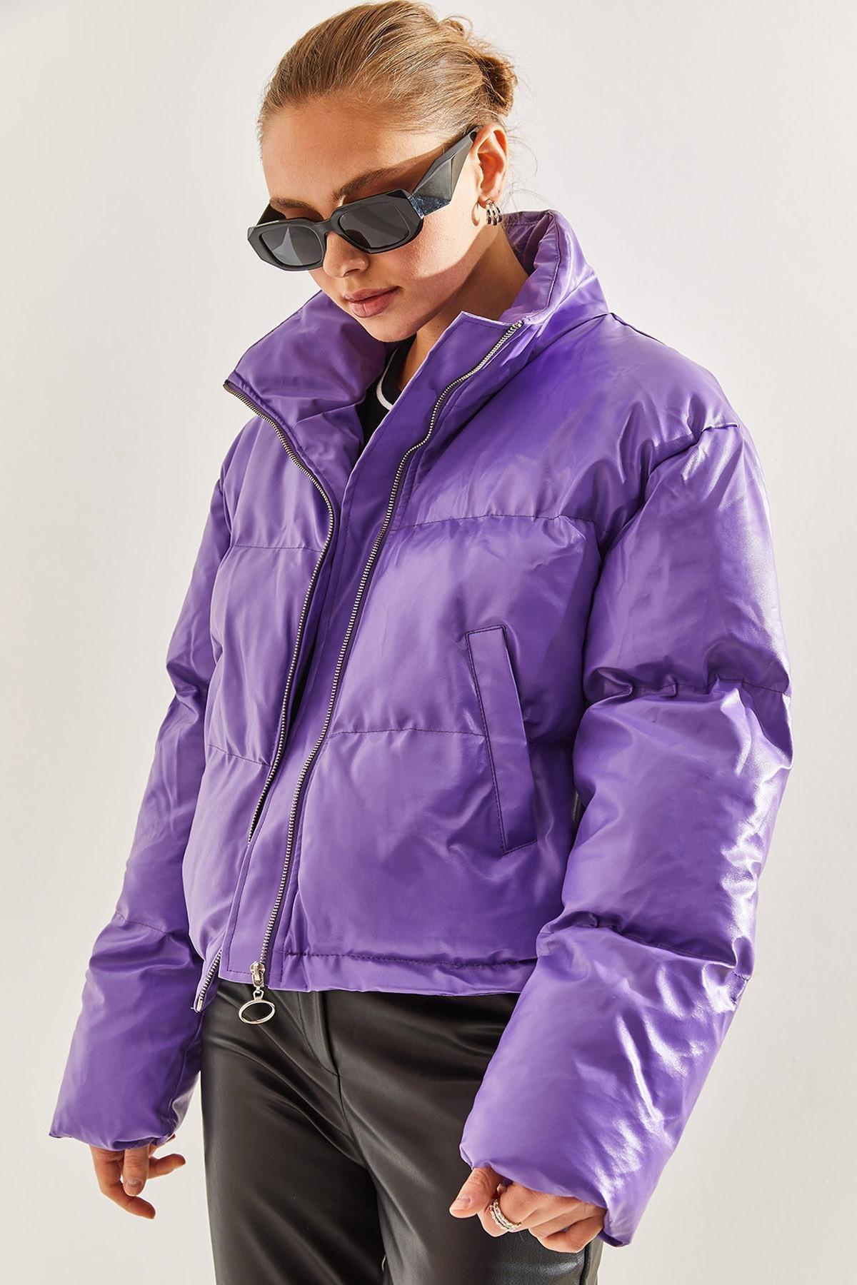 Purple Leather Puffer Coat, , large image number 3
