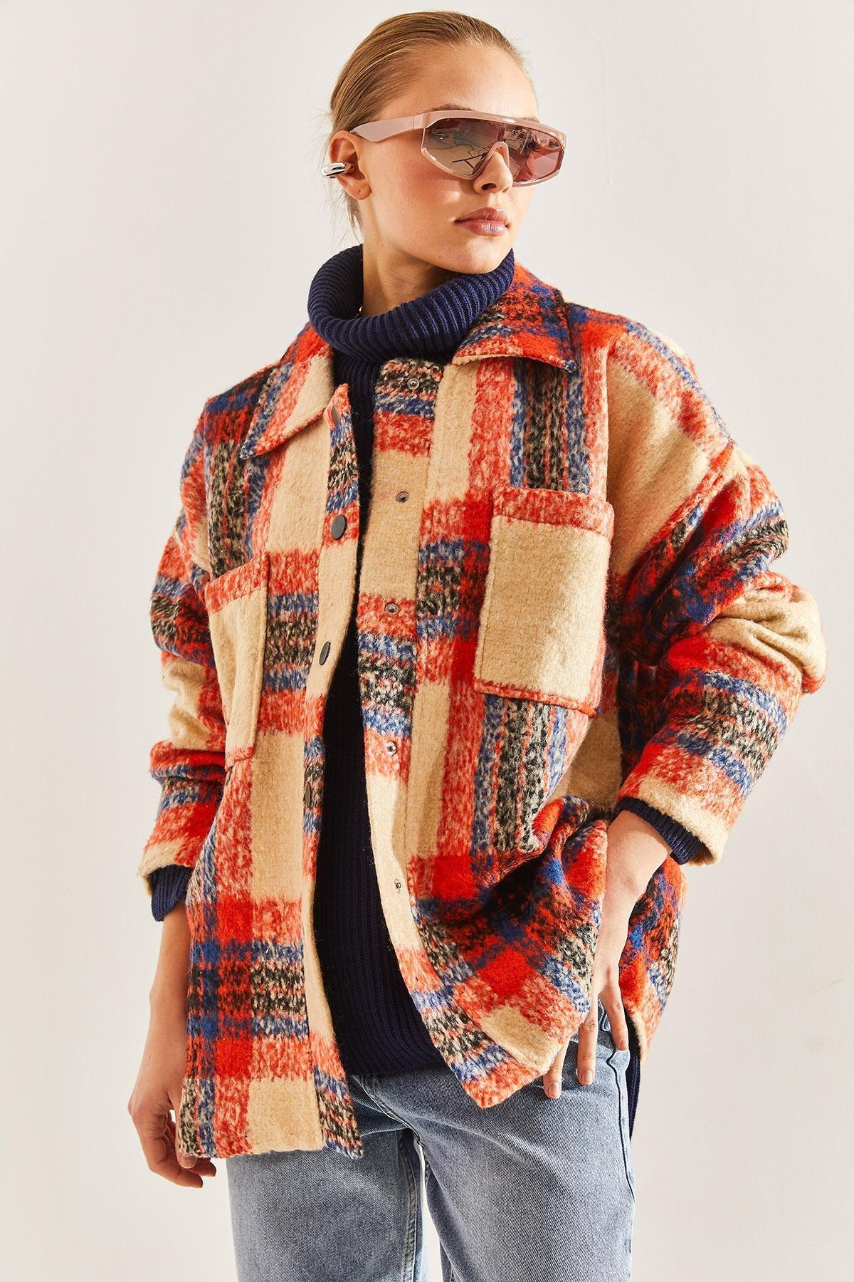 Orange Plaid Pattern Jacket, Orange, large image number 0