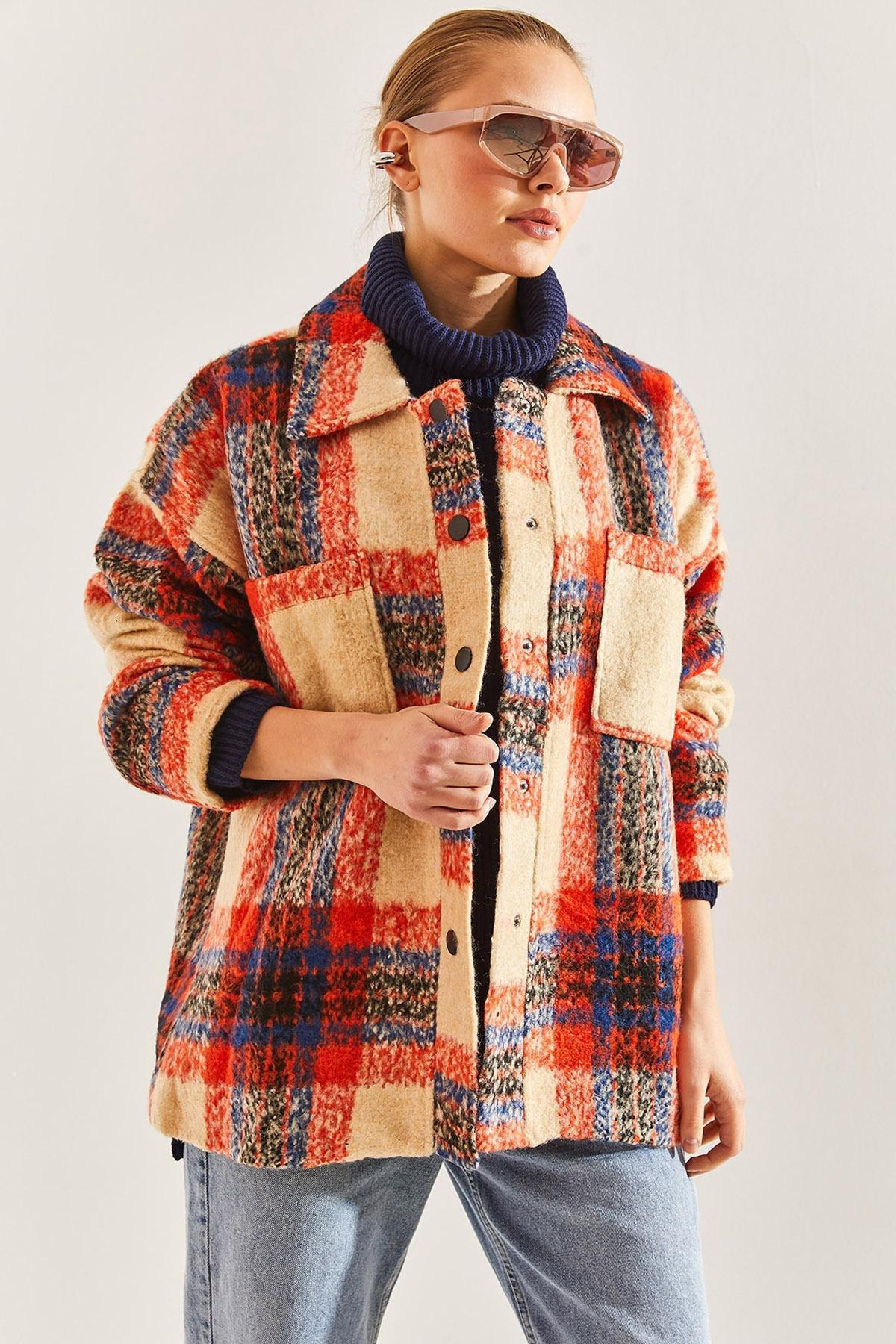 Orange Plaid Pattern Jacket, Orange, large image number 1