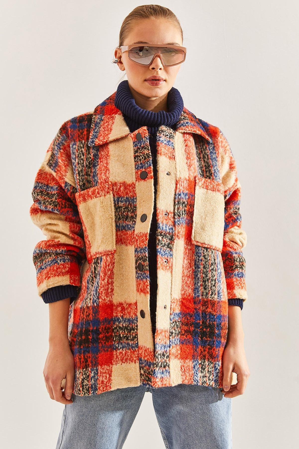 Orange Plaid Pattern Jacket, Orange, large image number 2