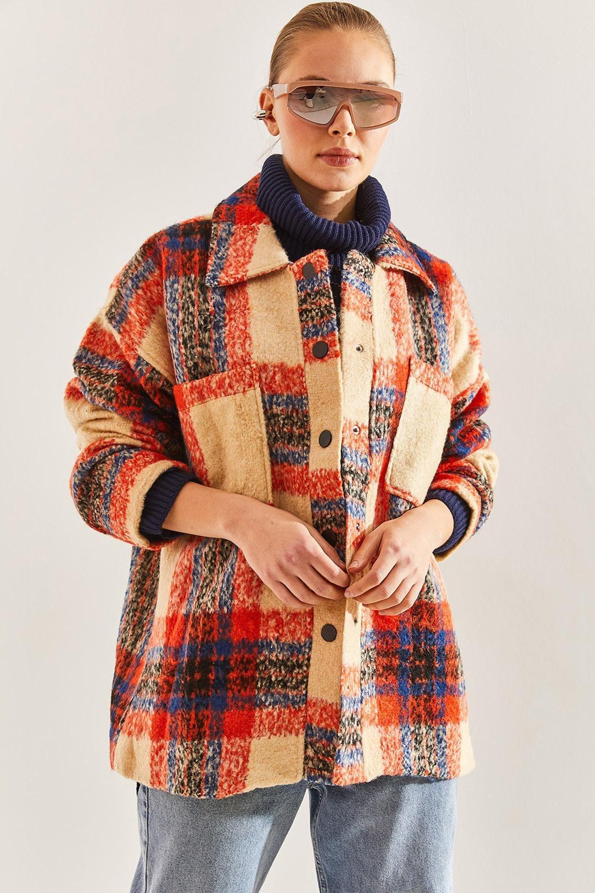 Orange Plaid Pattern Jacket, Orange, large image number 3