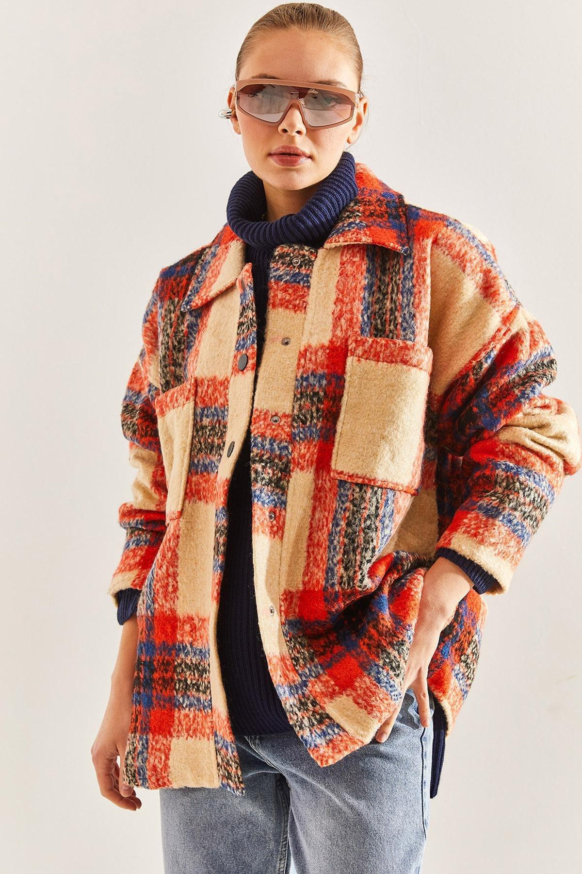 Orange Plaid Pattern Jacket, Orange, large image number 4