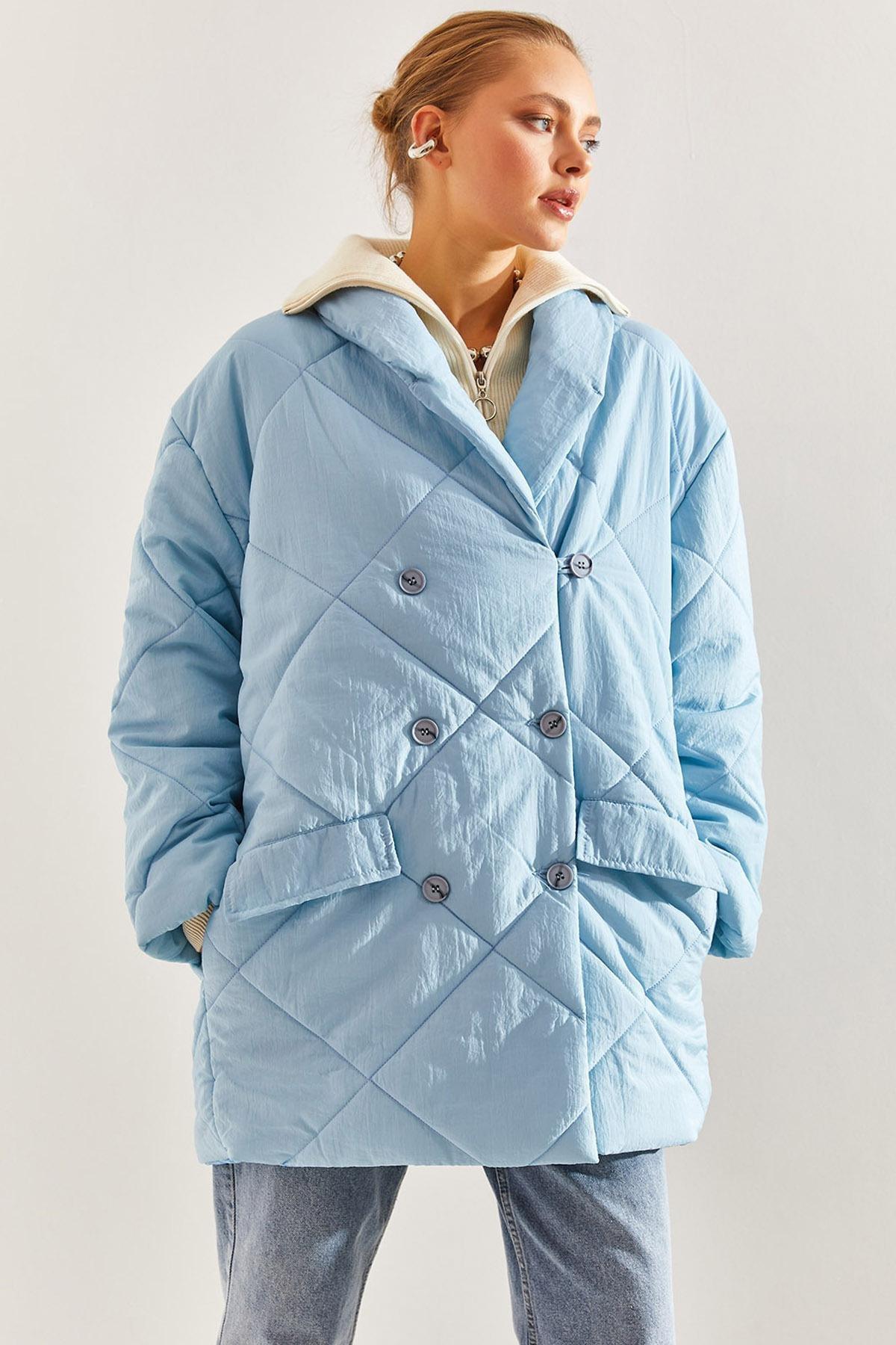 Blue Buttoned Oversize Puffer Coat, , large image number 0