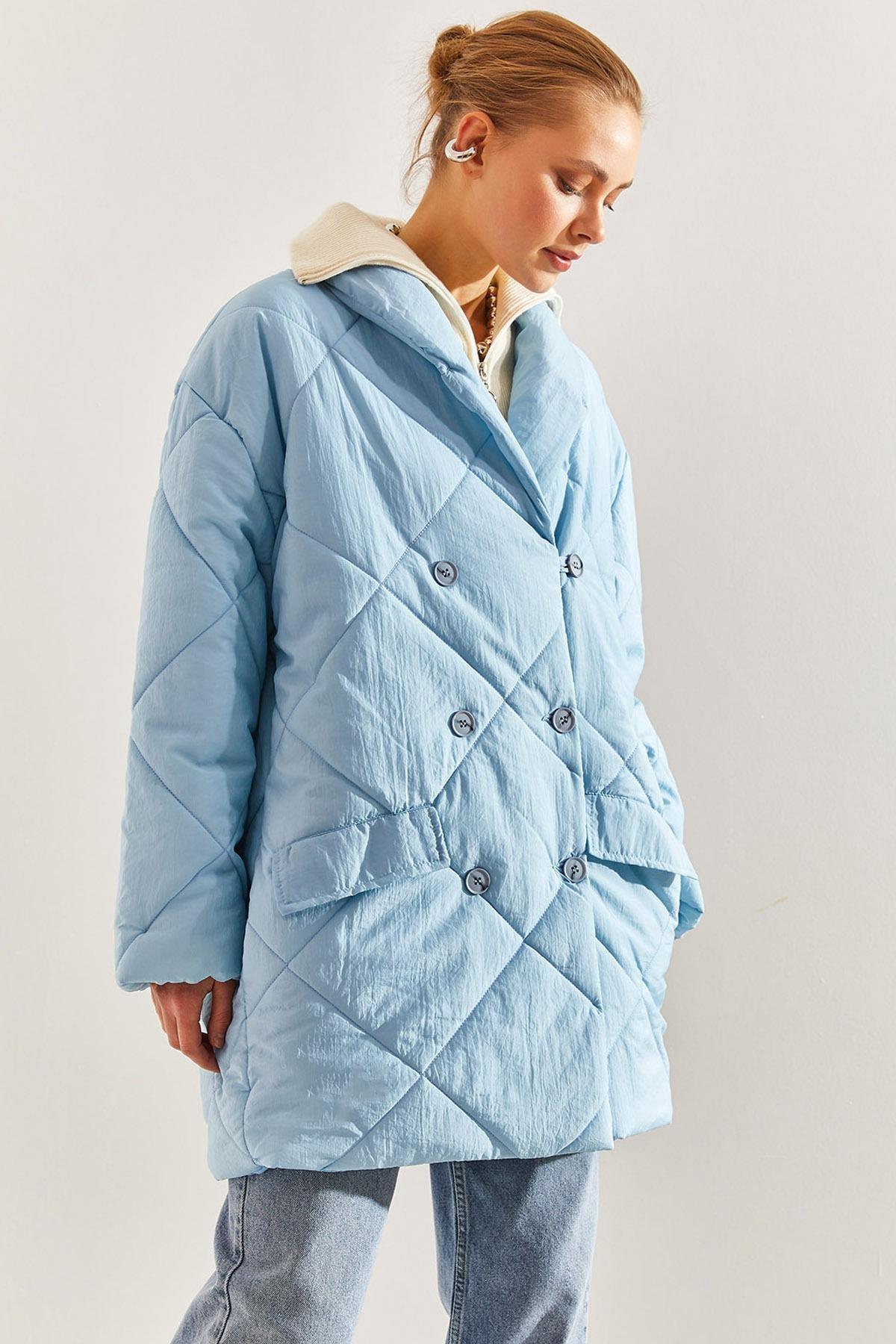 Blue Buttoned Oversize Puffer Coat, , large image number 1