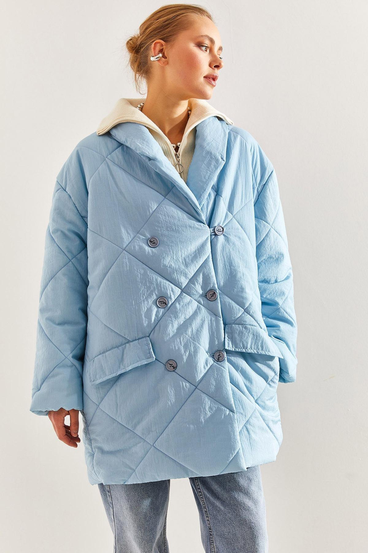 Blue Buttoned Oversize Puffer Coat, , large image number 2
