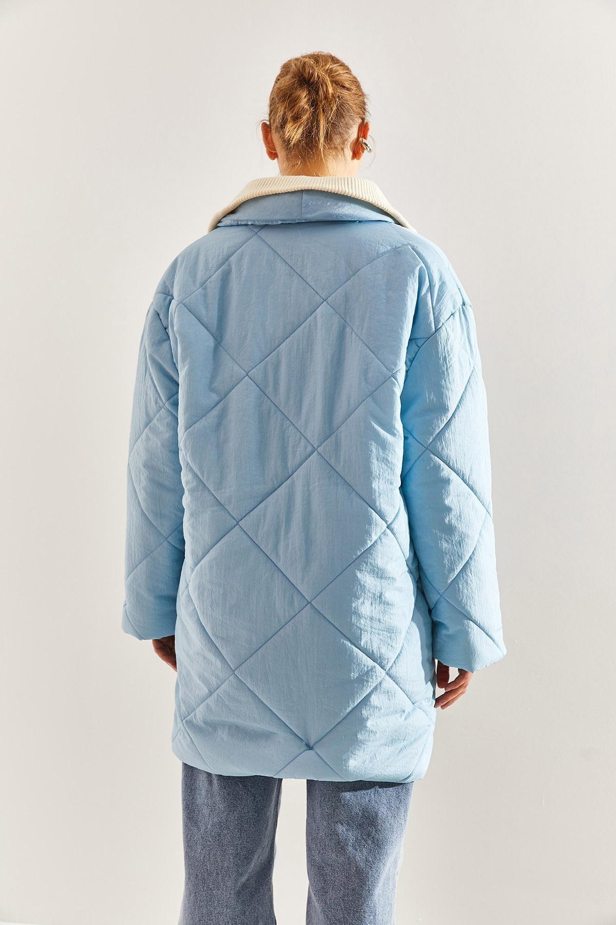Blue Buttoned Oversize Puffer Coat, , large image number 3