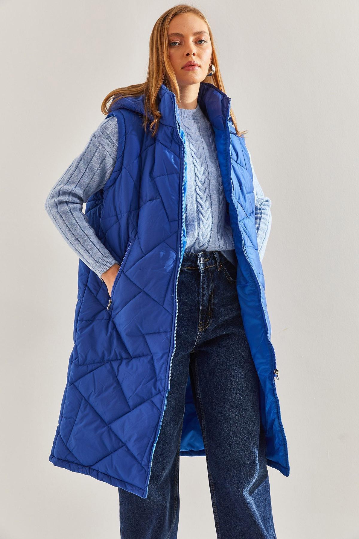 Blue Hooded Long Puffer Vest, , large image number 0