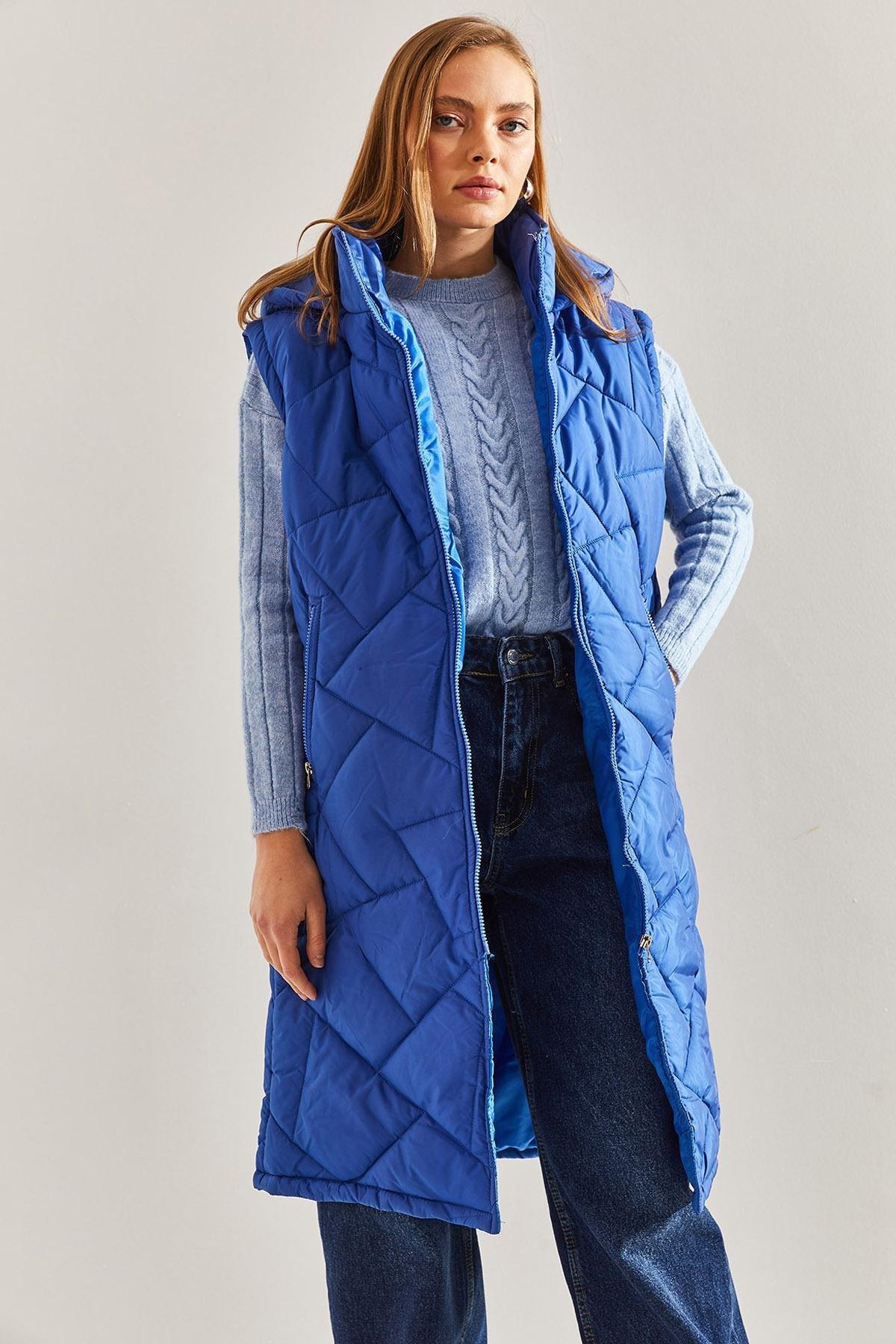 Blue Hooded Long Puffer Vest, , large image number 1