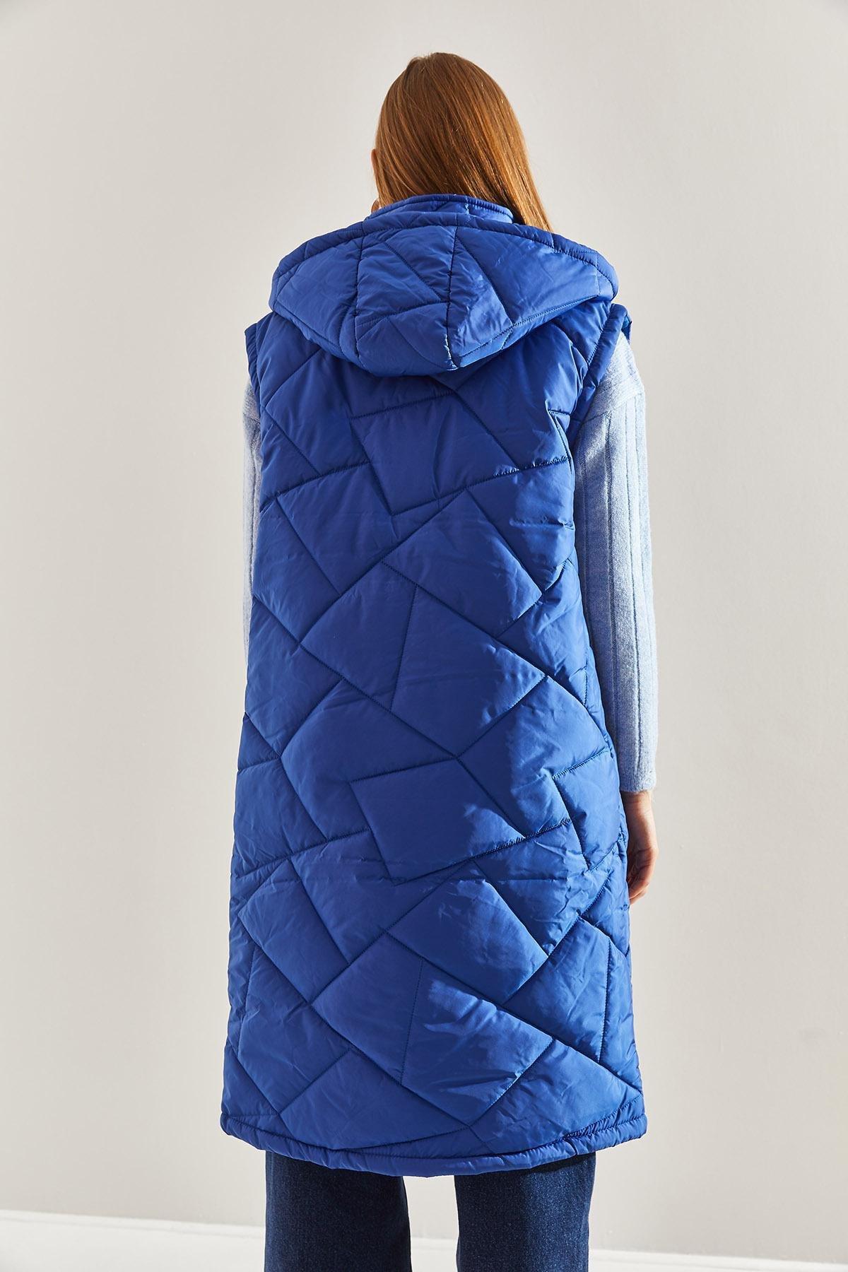 Blue Hooded Long Puffer Vest, , large image number 2