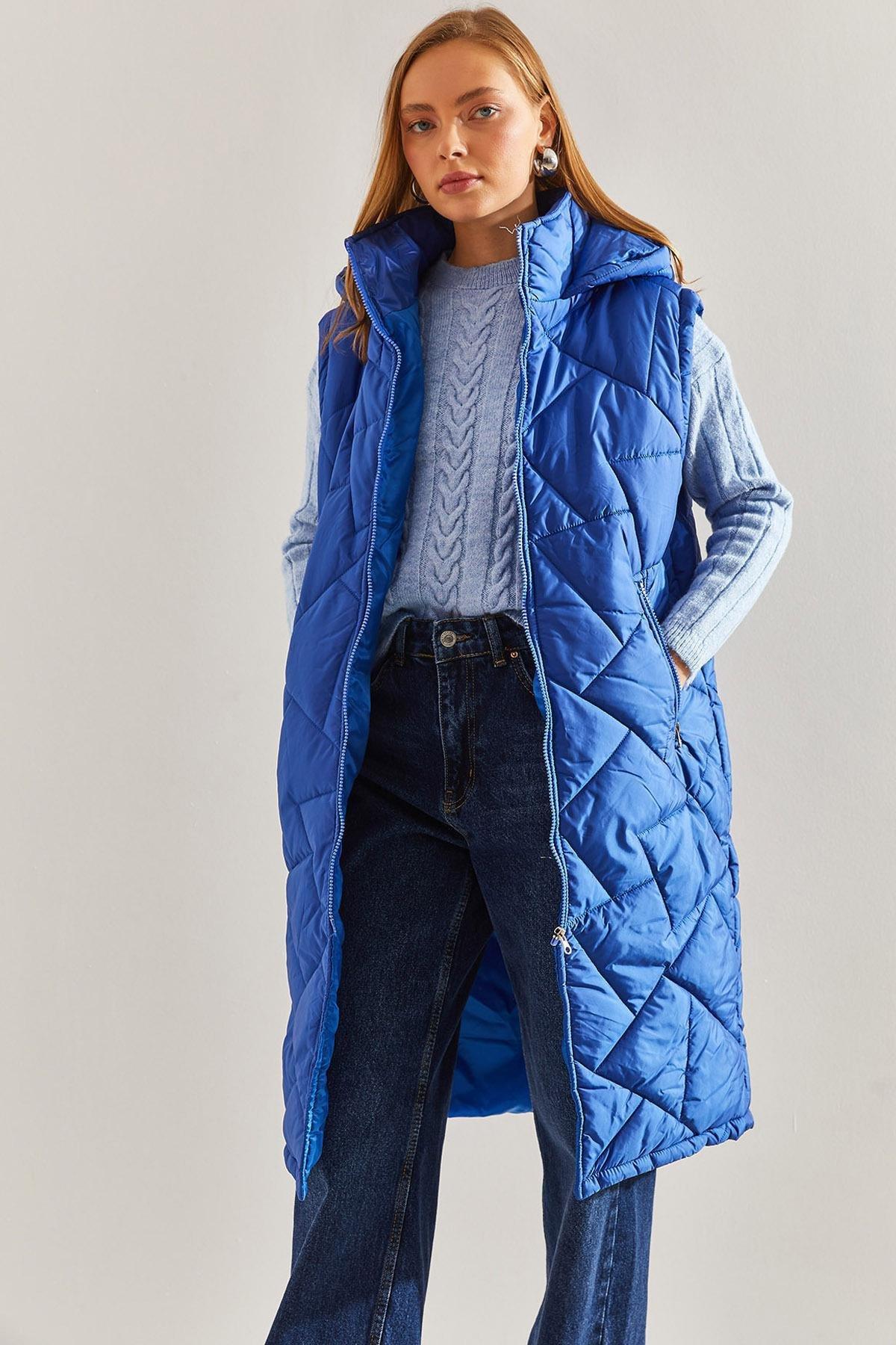 Blue Hooded Long Puffer Vest, , large image number 3