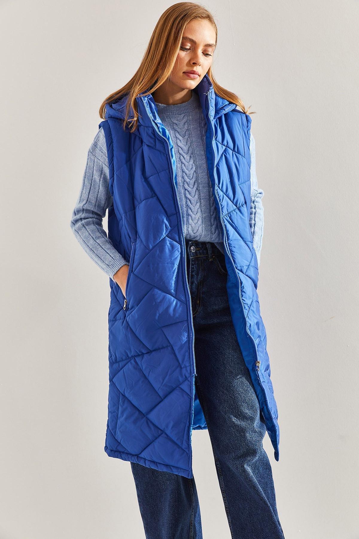 Blue Hooded Long Puffer Vest, , large image number 4