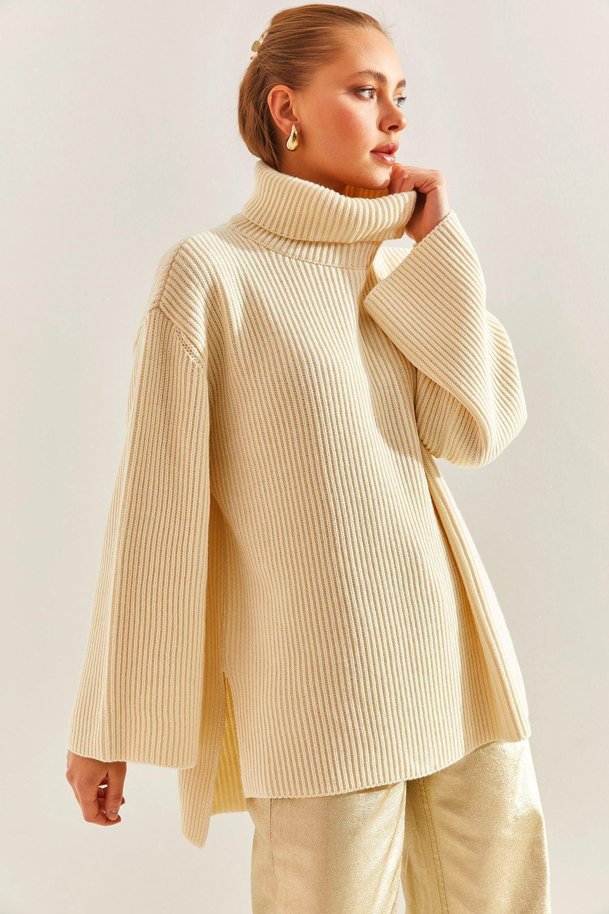 Cream Turtleneck Knitted Sweater, Cream, large image number 0