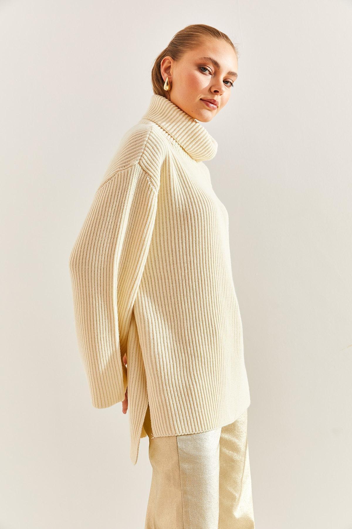 Cream Turtleneck Knitted Sweater, Cream, large image number 1