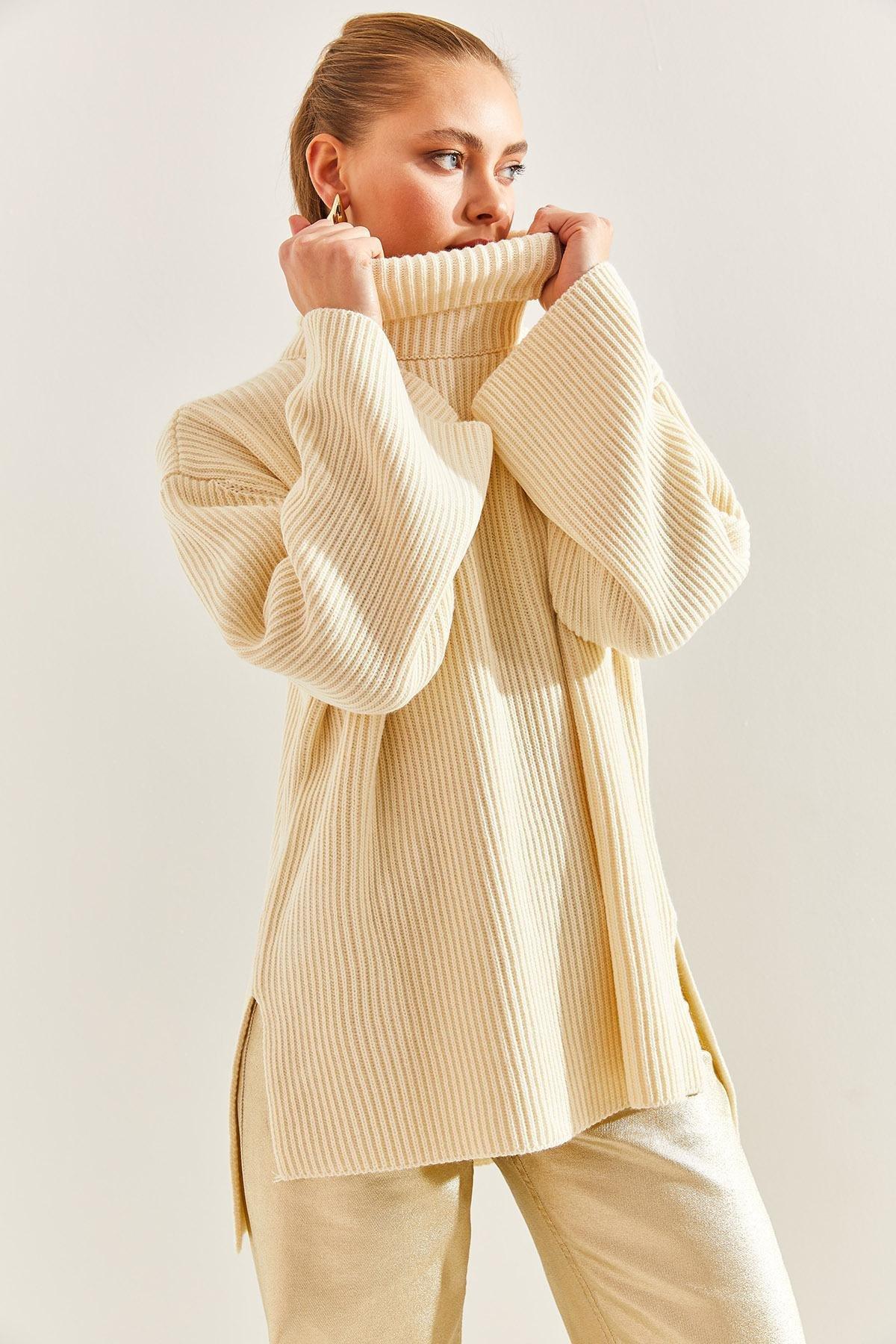 Cream Turtleneck Knitted Sweater, Cream, large image number 5