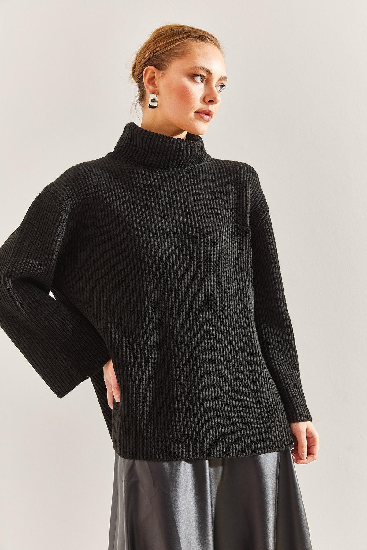 Black Turtleneck Knitted Sweater, BLACK, large image number 1