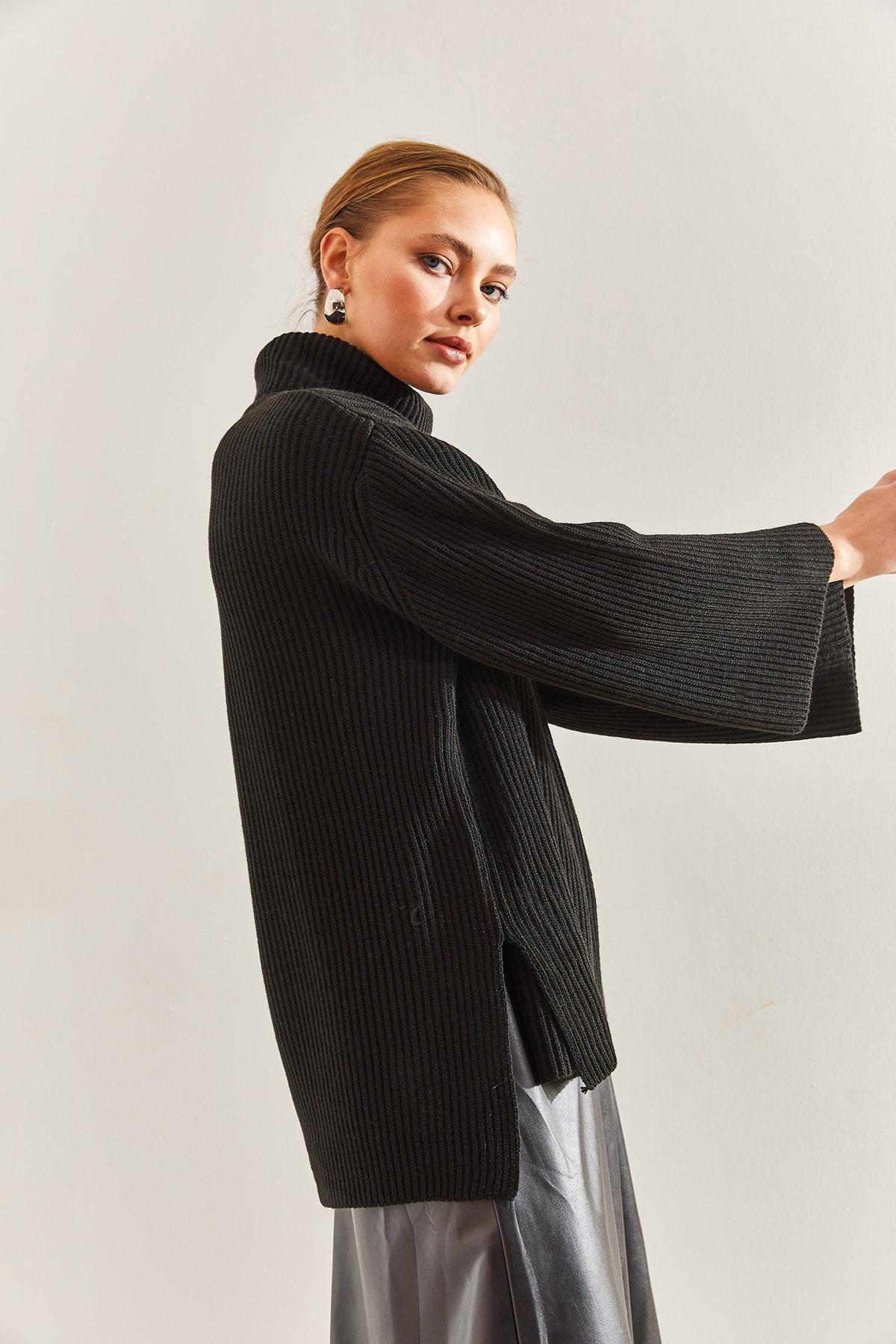 Black Turtleneck Knitted Sweater, BLACK, large image number 2