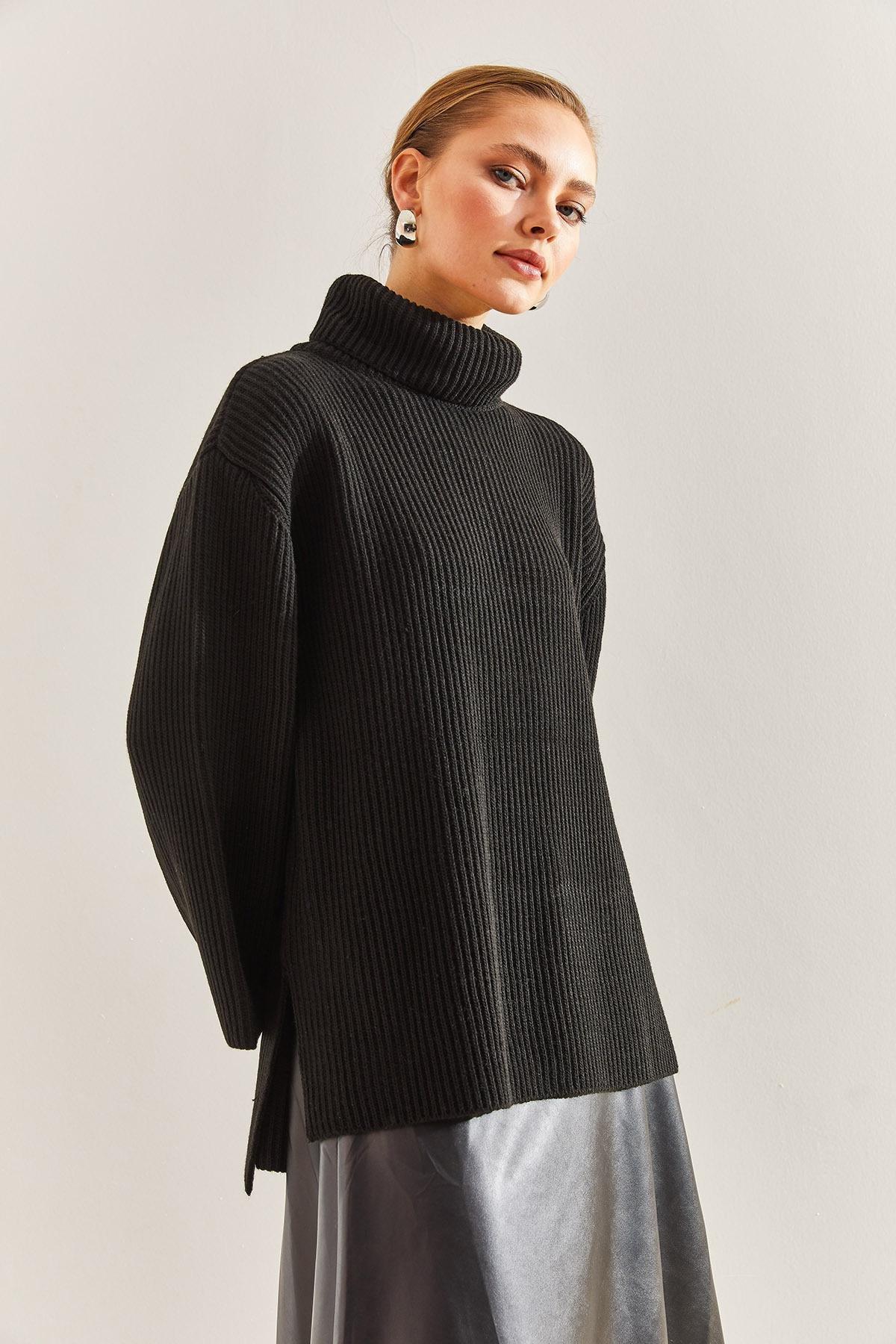 Black Turtleneck Knitted Sweater, BLACK, large image number 3