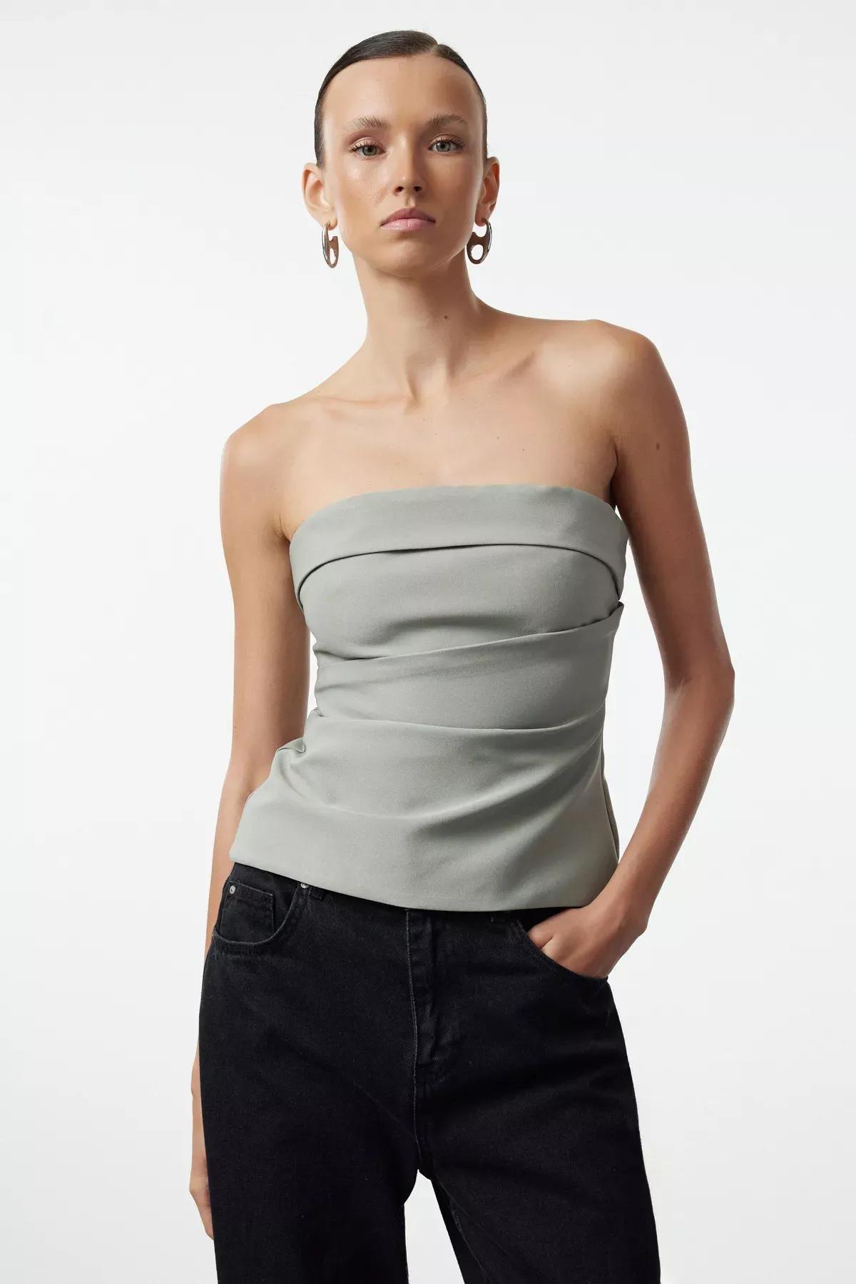 Green Strapless Draped Blouse, , large image number 1
