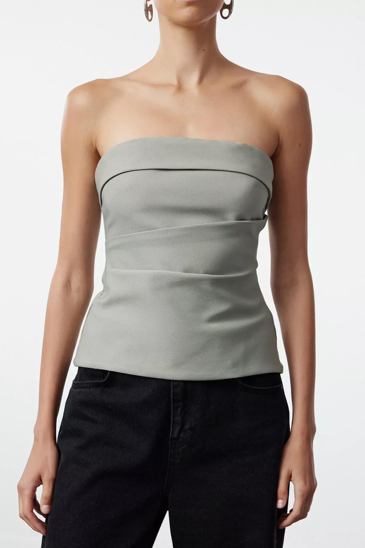 Green Strapless Draped Blouse, , large image number 3