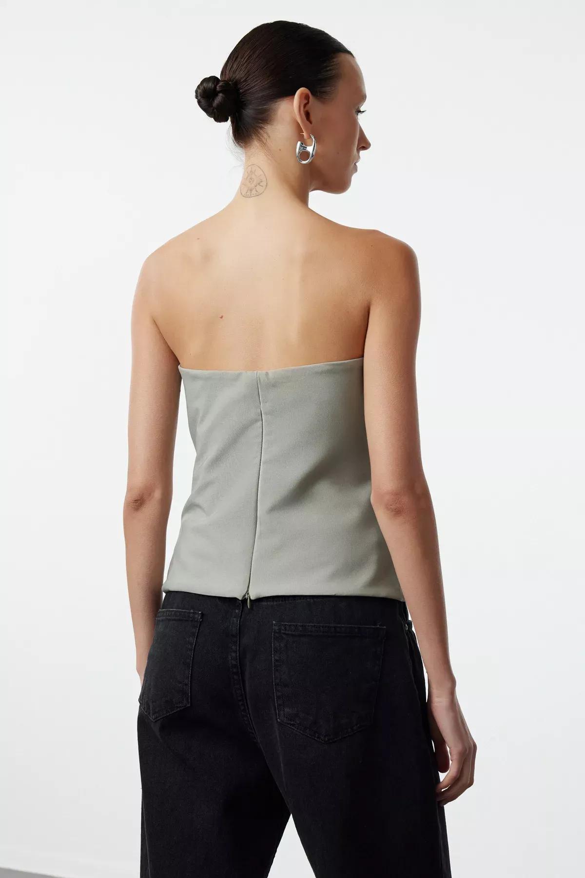 Green Strapless Draped Blouse, , large image number 4