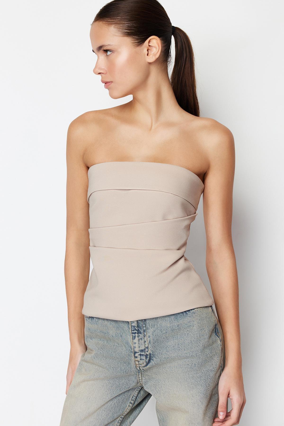 Beige Strapless Woven Blouse, , large image number 4