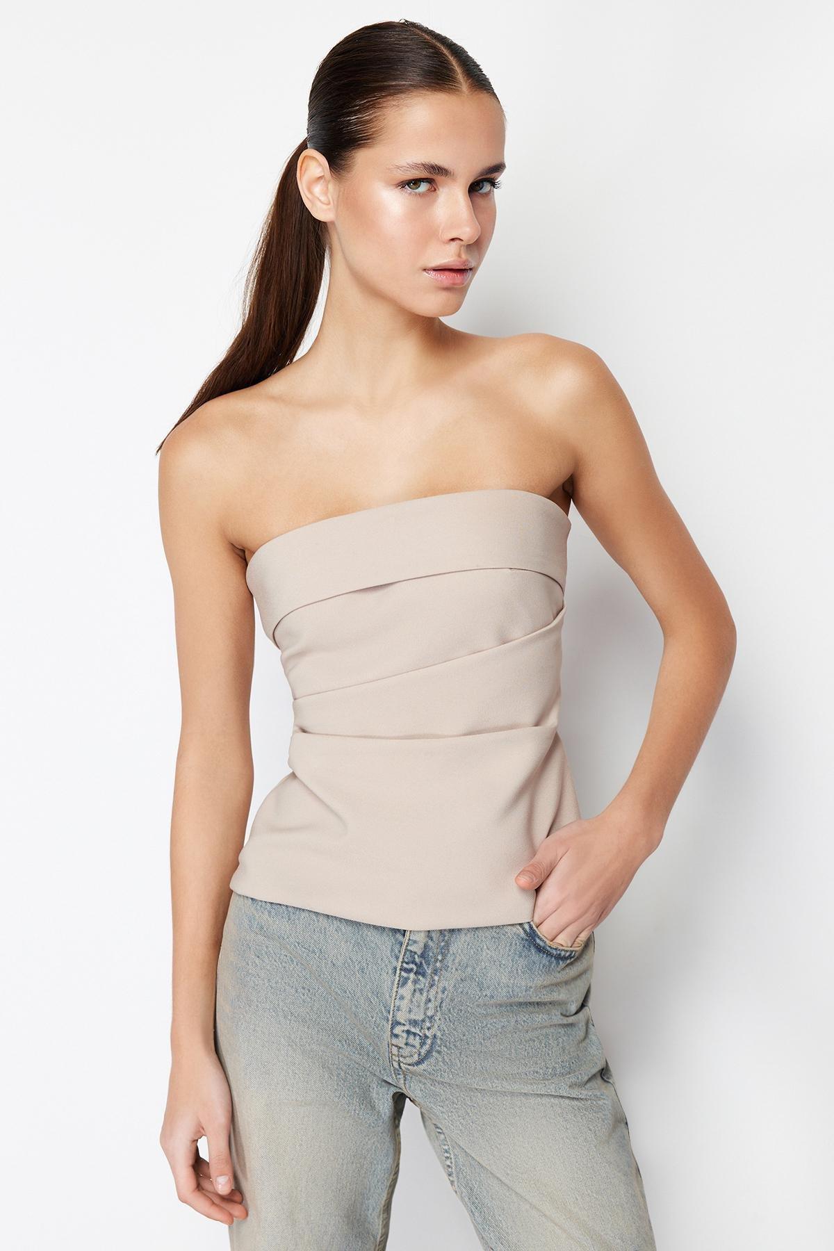Beige Strapless Woven Blouse, , large image number 5