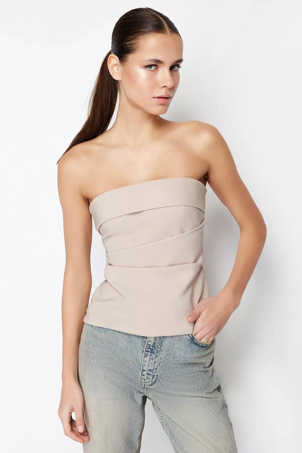 Beige Strapless Woven Blouse, , large image number 7
