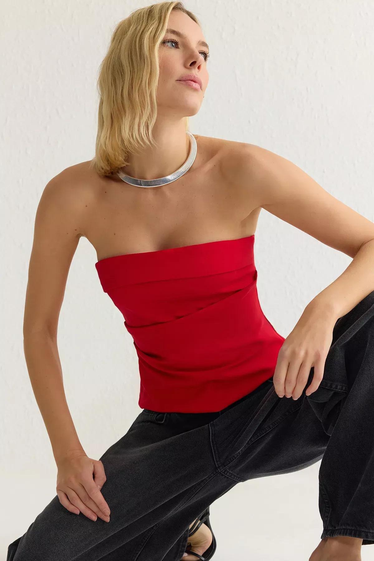 Red Strapless Draped Blouse, Red, large image number 0