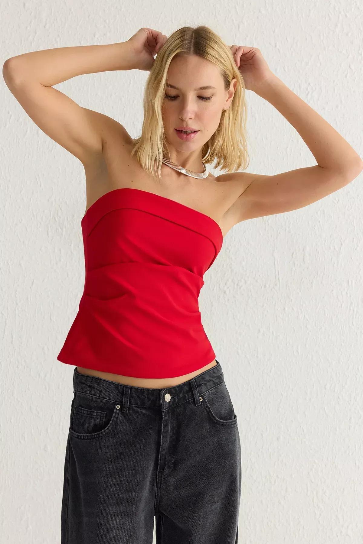 Red Strapless Draped Blouse, Red, large image number 1