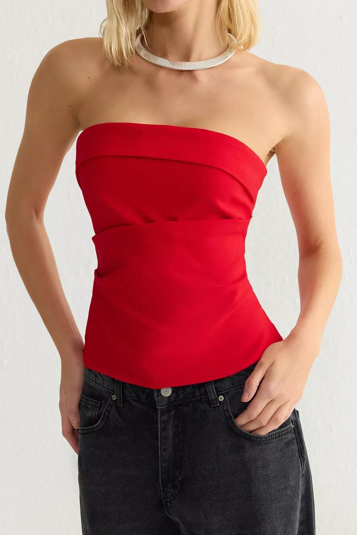 Red Strapless Draped Blouse, Red, large image number 3