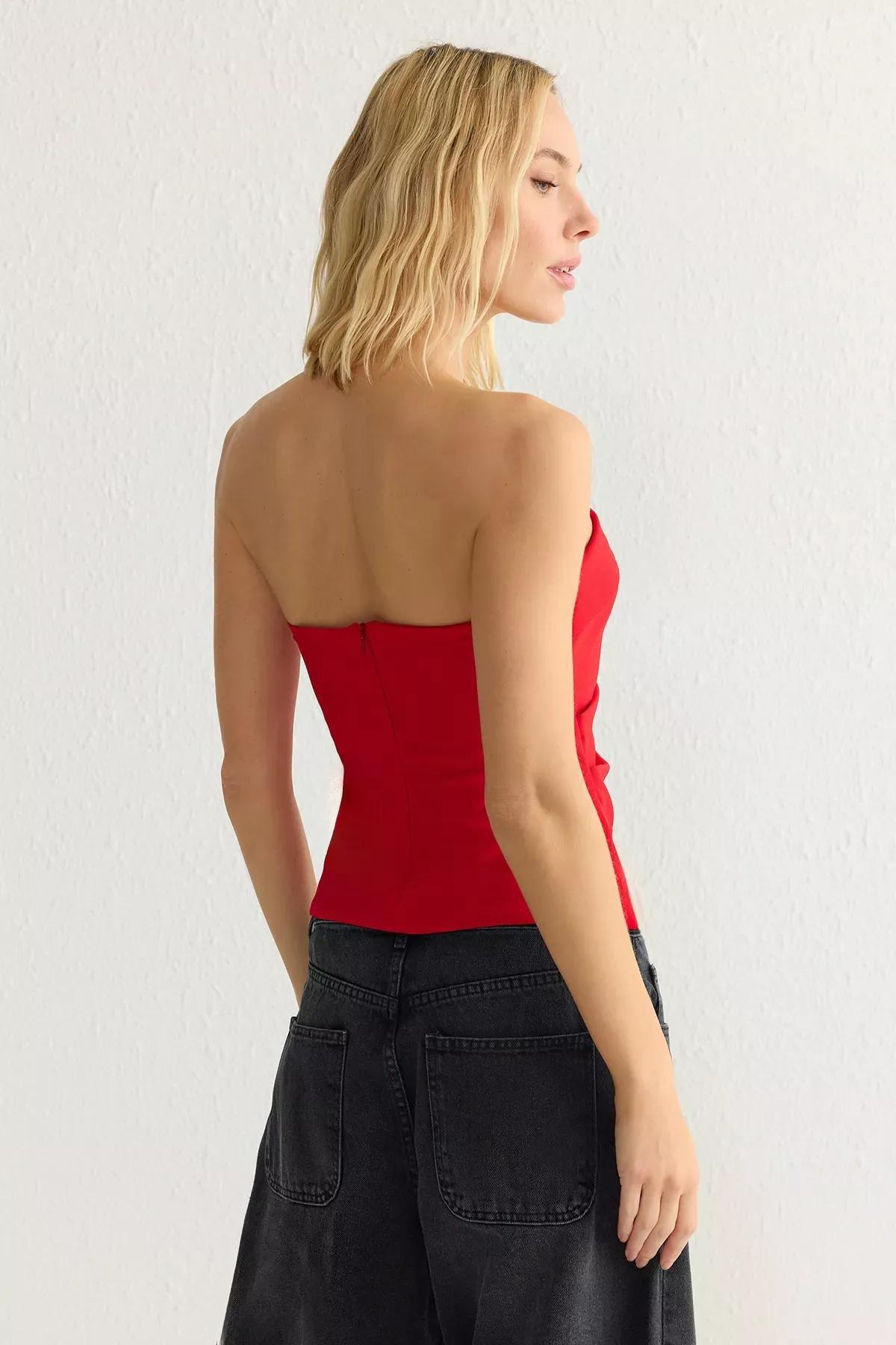 Red Strapless Draped Blouse, Red, large image number 4