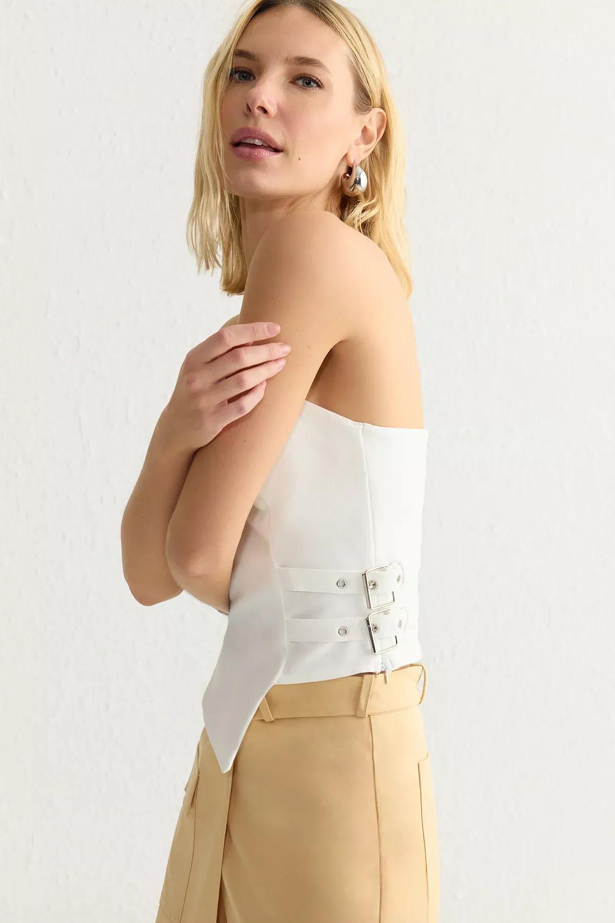 White Strapless Fitted Belt Buckle Blouse, , large image number 1
