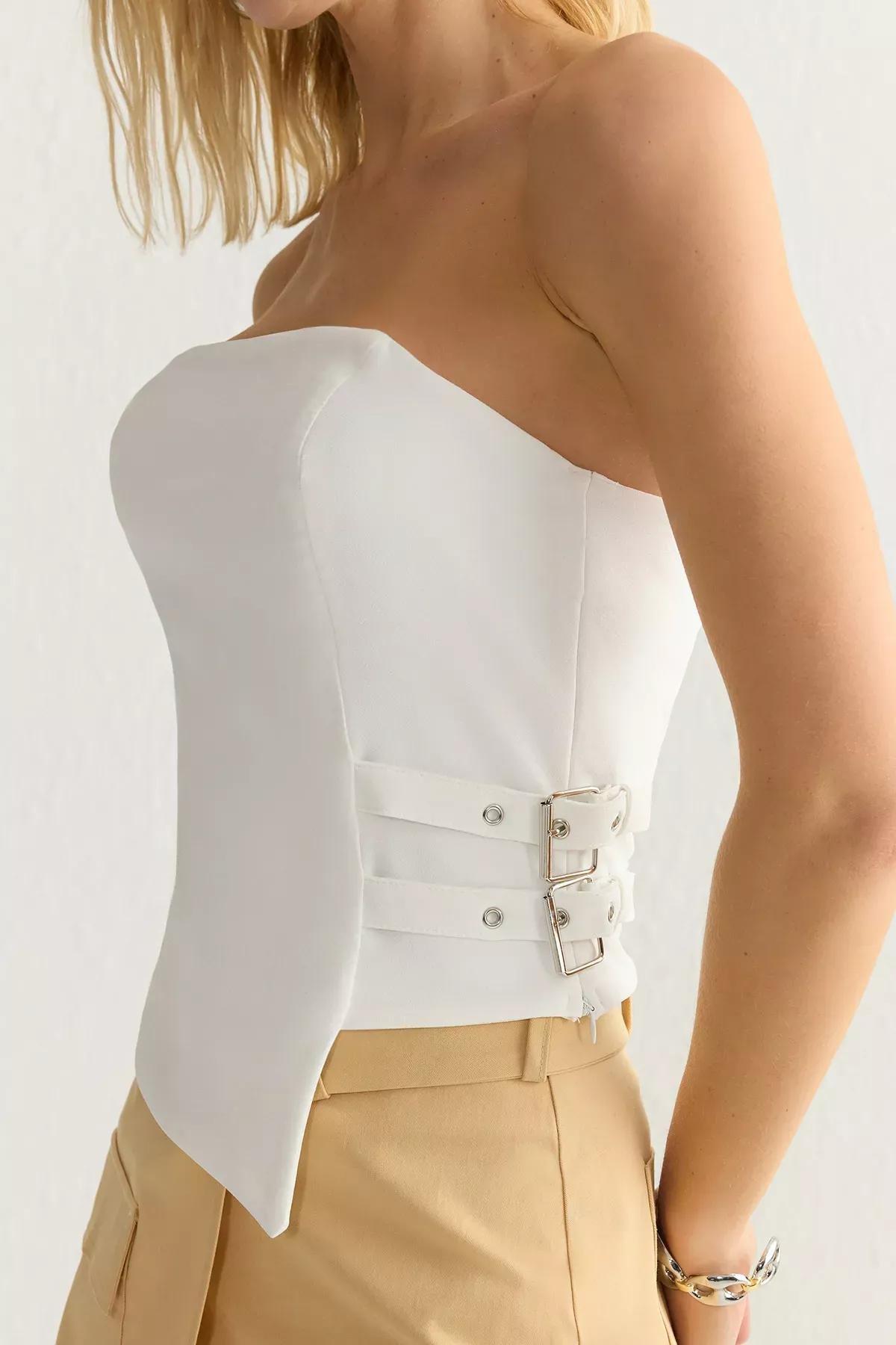 White Strapless Fitted Belt Buckle Blouse, , large image number 2