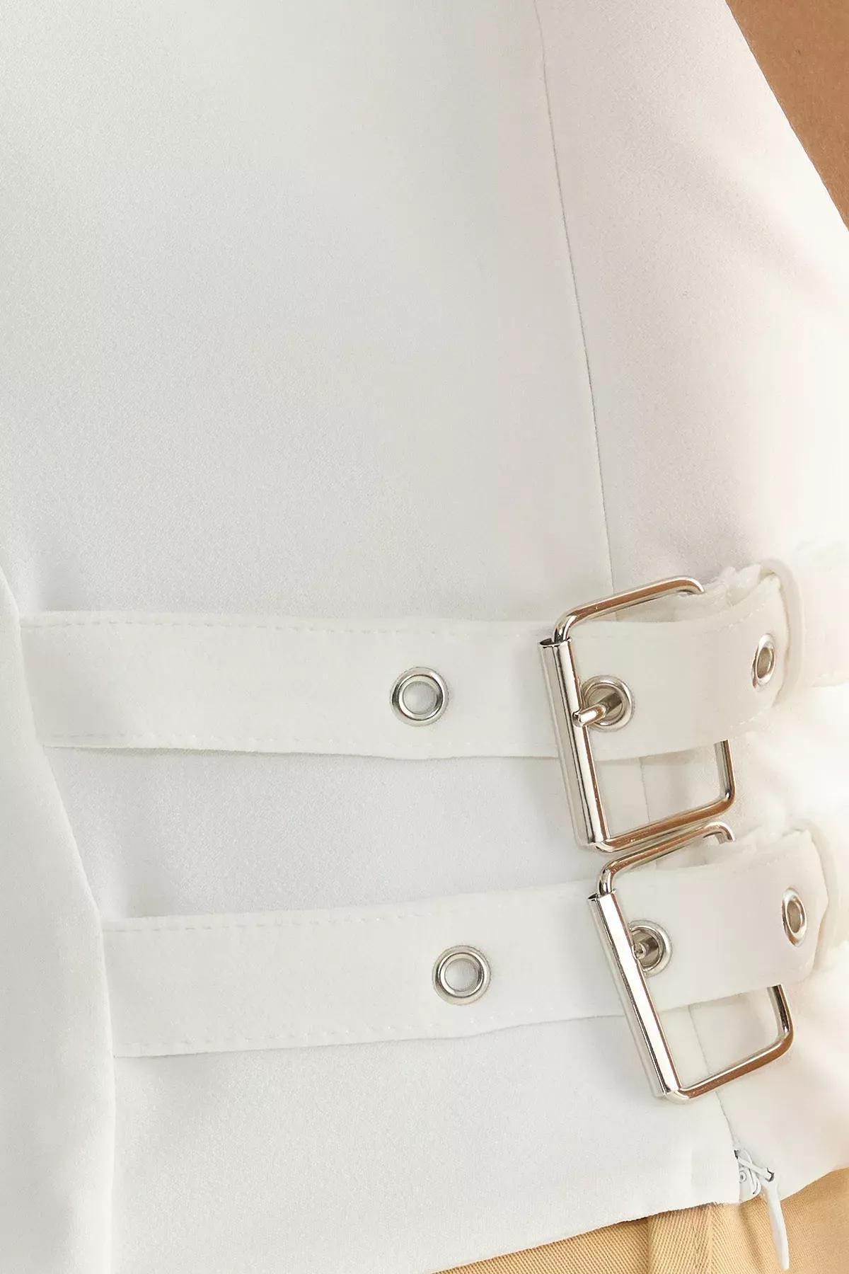 White Strapless Fitted Belt Buckle Blouse, , large image number 3