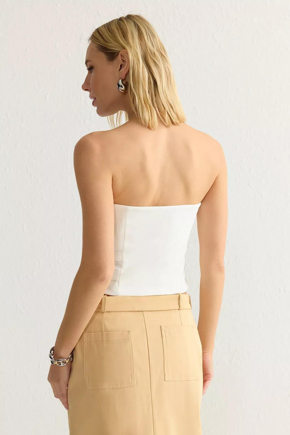 White Strapless Fitted Belt Buckle Blouse, , large image number 4