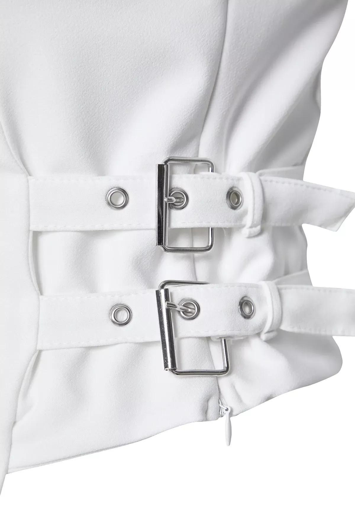 White Strapless Fitted Belt Buckle Blouse, , large image number 5
