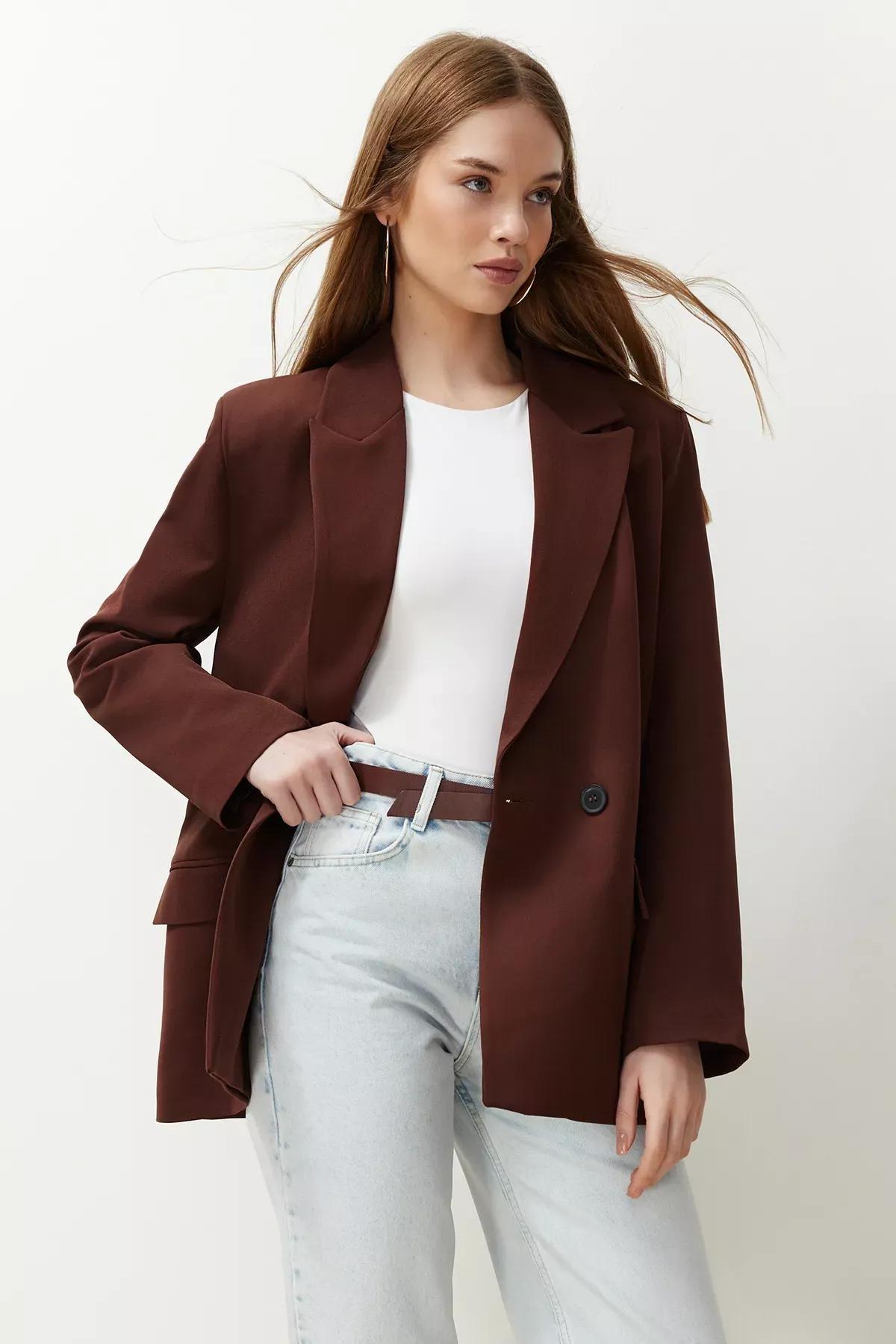 Brown Oversize Double Breasted Blazer, Brown, medium