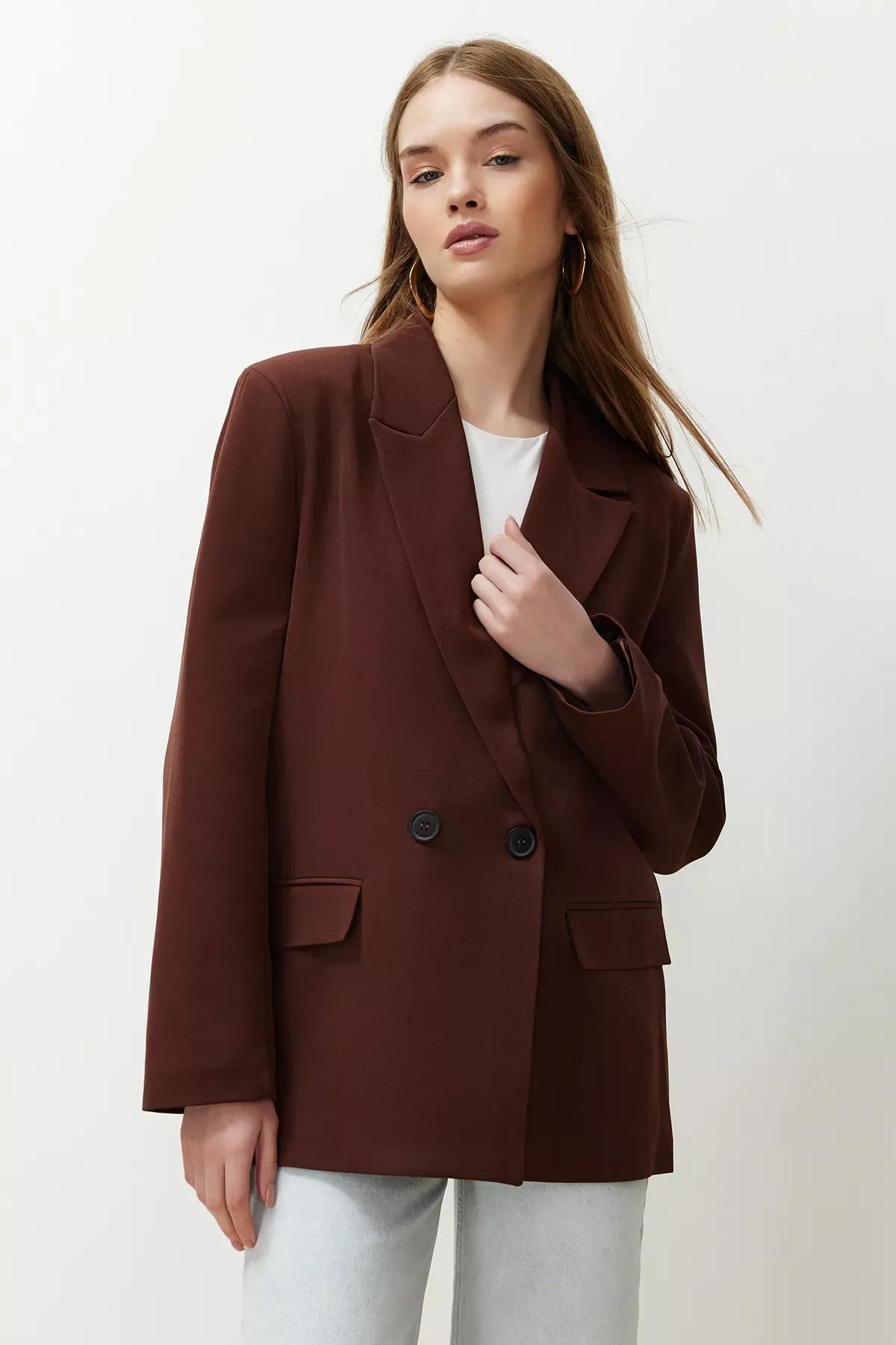 Brown Oversize Double Breasted Blazer, Brown, large image number 1
