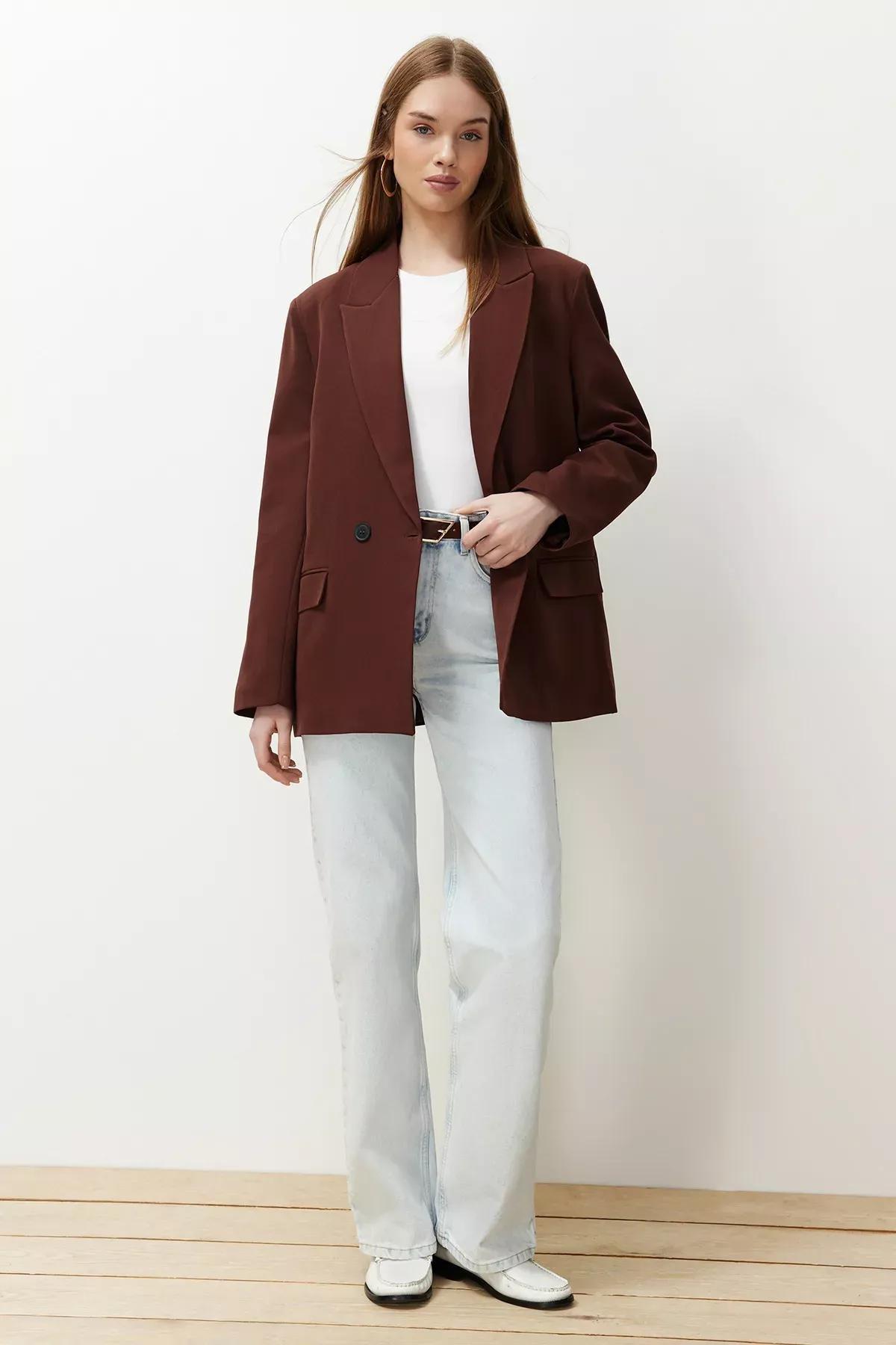 Brown Oversize Double Breasted Blazer, Brown, large image number 2
