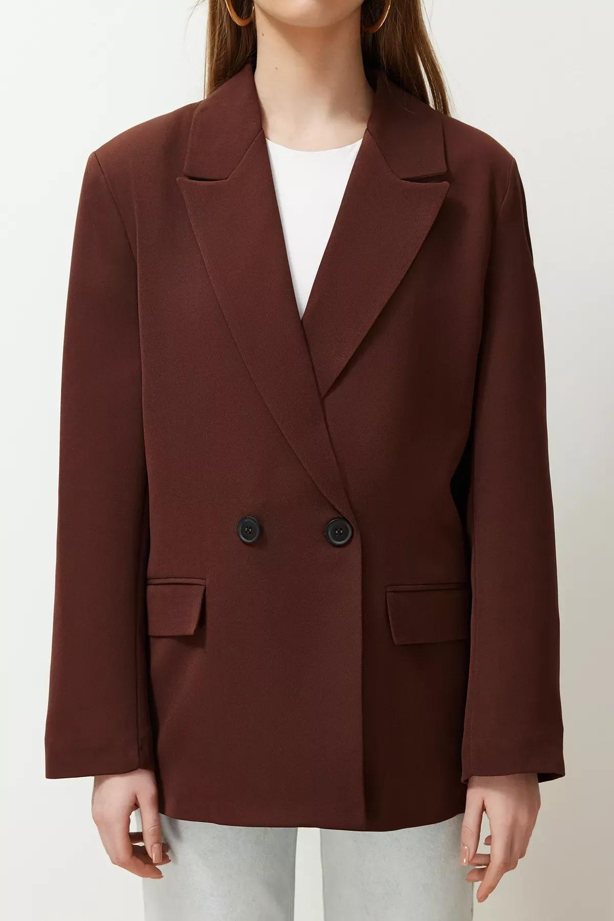 Brown Oversize Double Breasted Blazer, Brown, large image number 3
