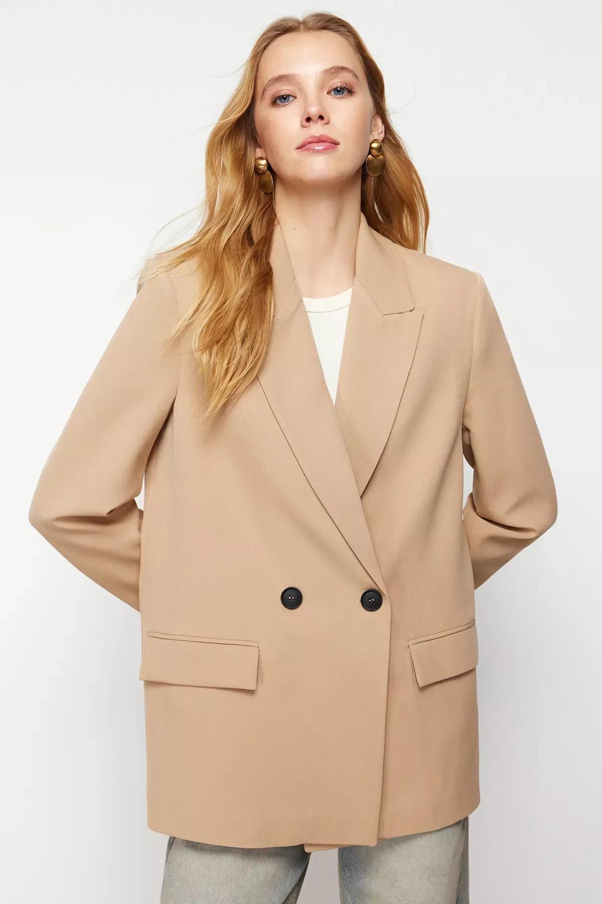 Brown Oversized Double Breasted Jacket, , large image number 0