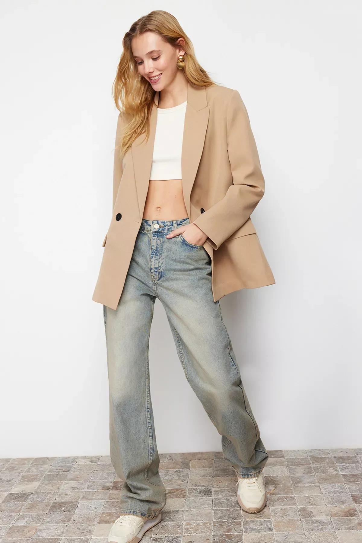 Brown Oversized Double Breasted Jacket, , large image number 1