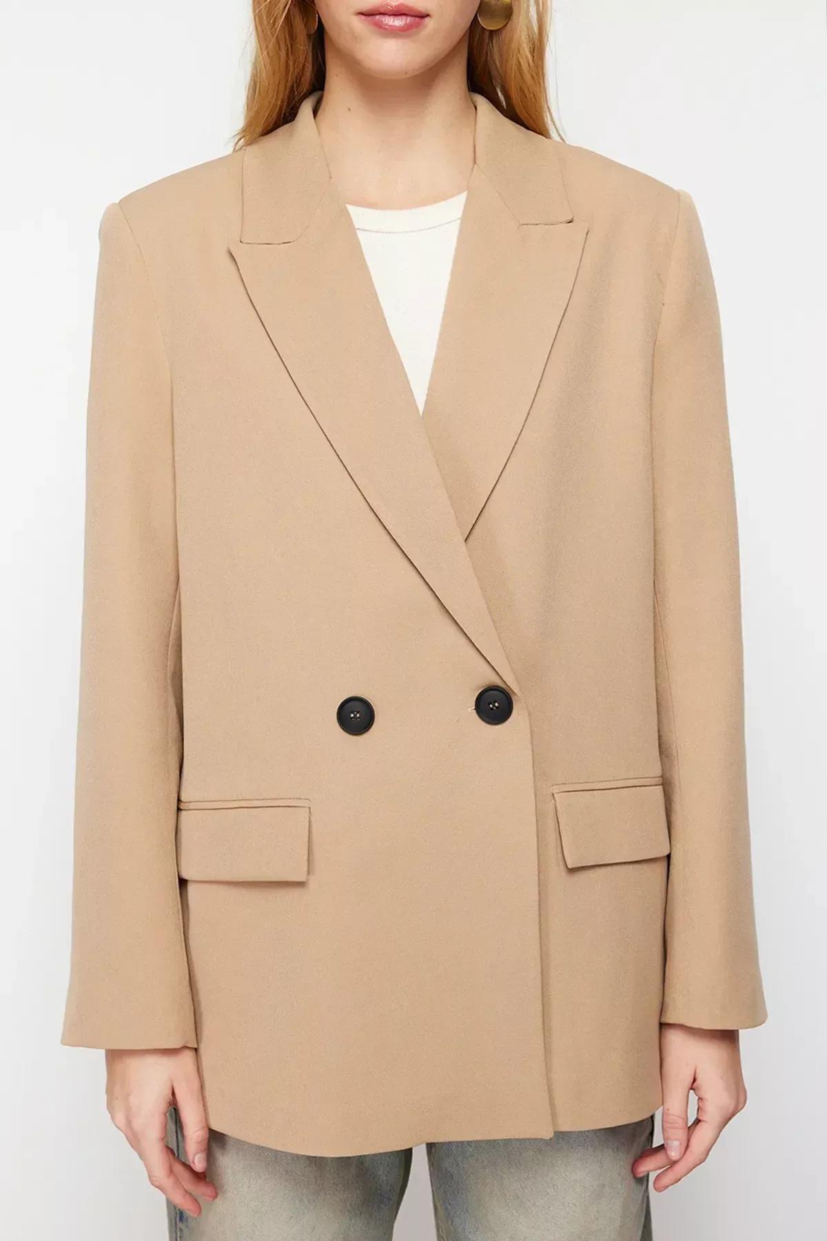 Brown Oversized Double Breasted Jacket, , large image number 3
