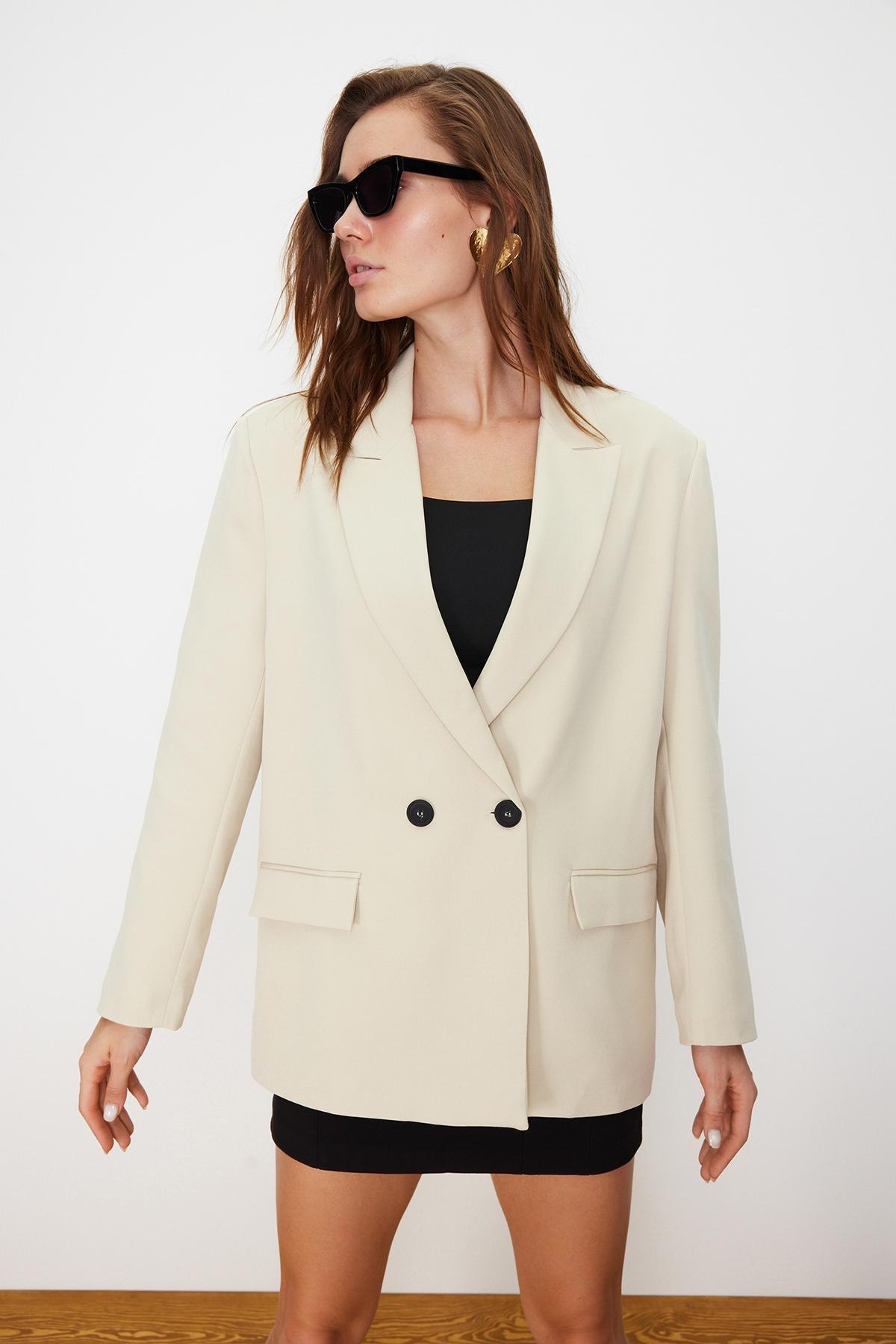 Beige Oversize Double-Breasted Blazer Jacket, , large image number 0