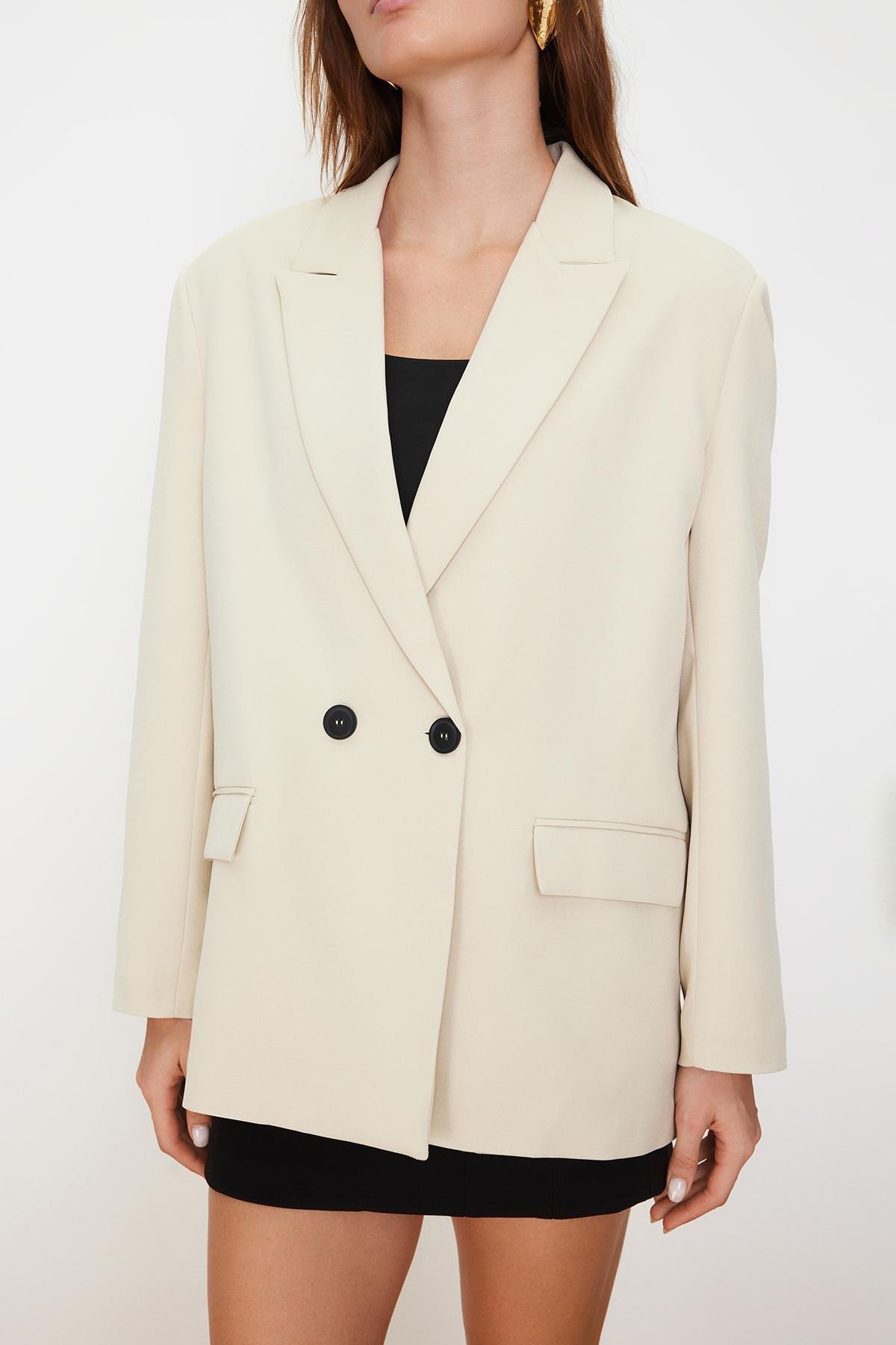 Beige Oversize Double-Breasted Blazer Jacket, , large image number 3